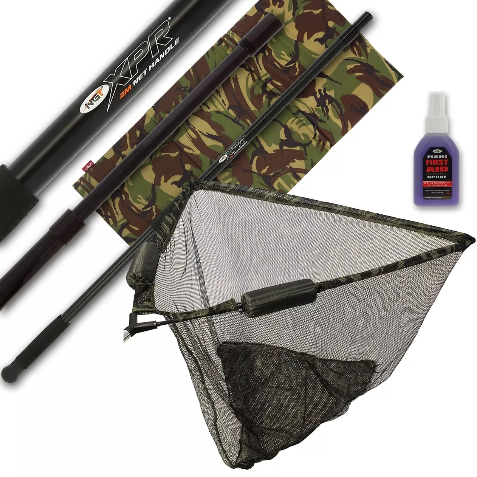 Fishing Net 42" Camo Dual Float Camo Metal V Spreader Block with 2m Telescopic Net Handle Screw Fix Unhooking Camo Mat & Fish Aid Care Spray Carp Fishing Essential Tackle Angling Gear