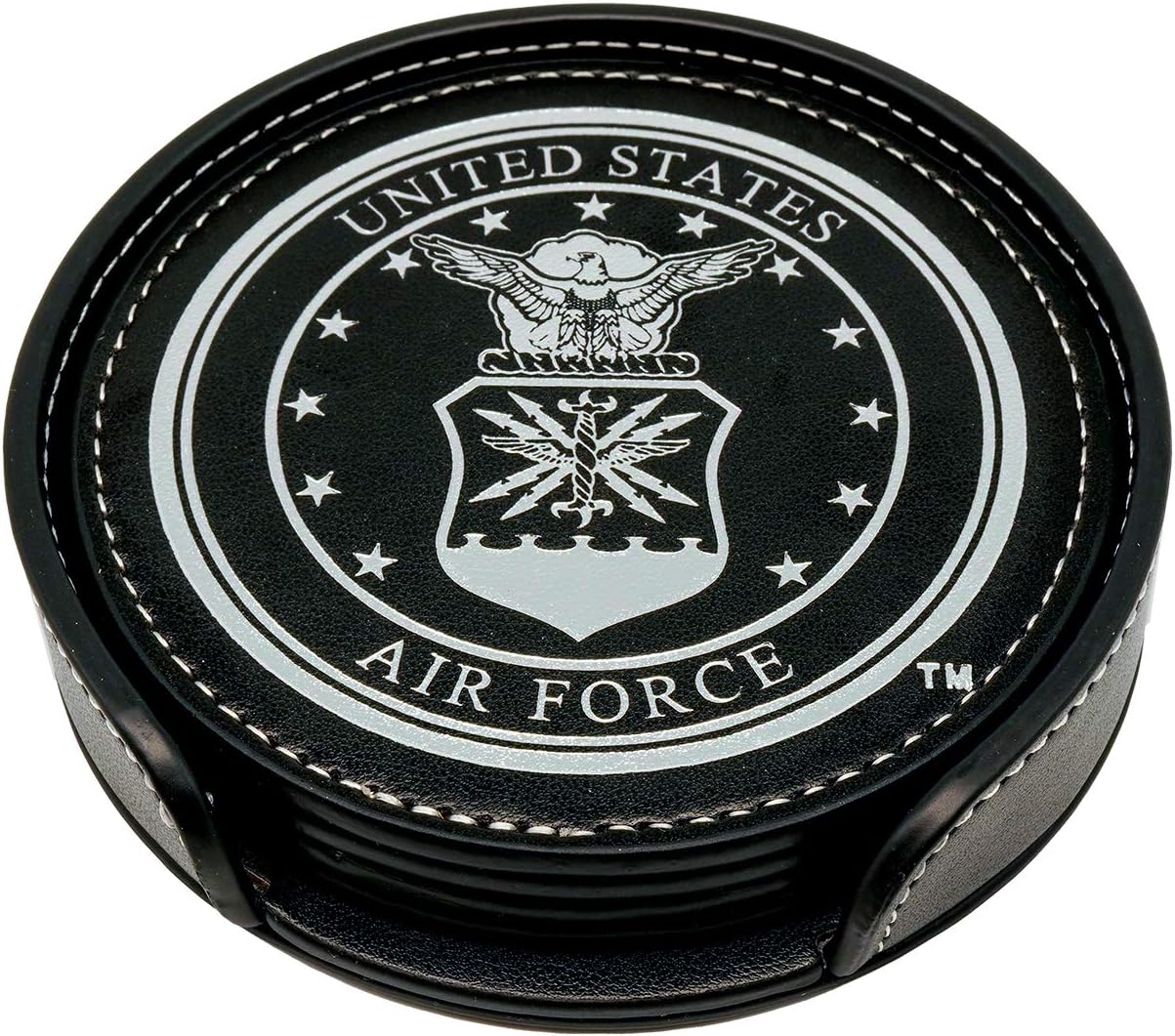 Air Force Leather Coaster Set - 4 Premium Coasters with Hot Stamped Foil USAF Logo - Air Force Gifts | USAF Leather Coasters