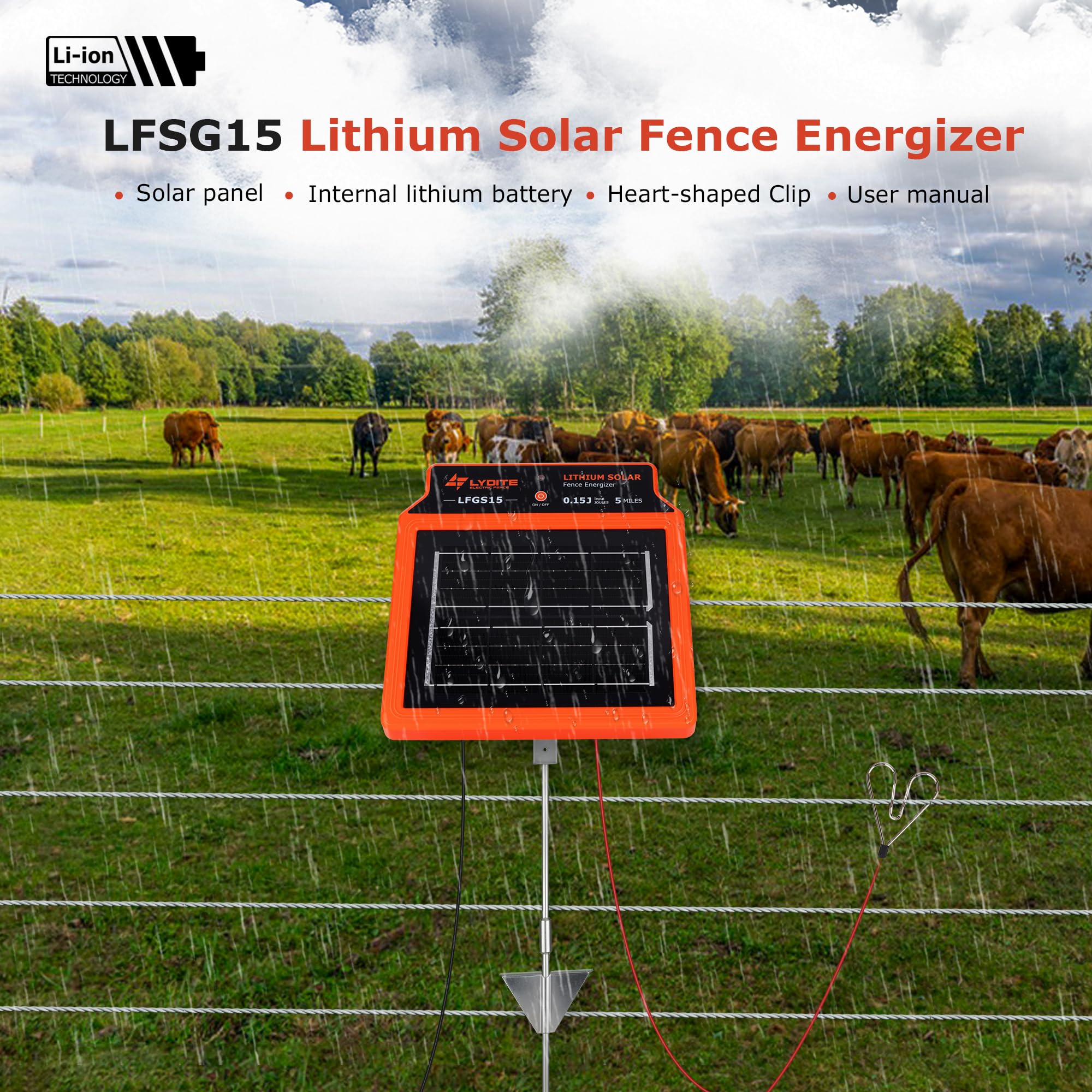 LFGS15 - Caricatore solare per recinzione, 24 ore e 8 km, energizzatore portatile 0,15 J con pannello solare ricaricabile per bestiame, energia elettrica per recinzione