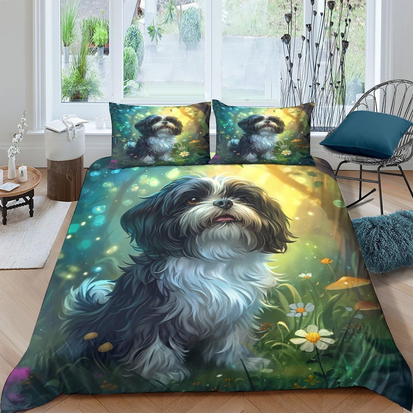 Ctjqhvkz Style-3 3D Printed Shih Tzu Dog Fitted Sheet Microfiber Soft Breathable Forest Bed Cover For Bedroom Decor Single（135X200cm）