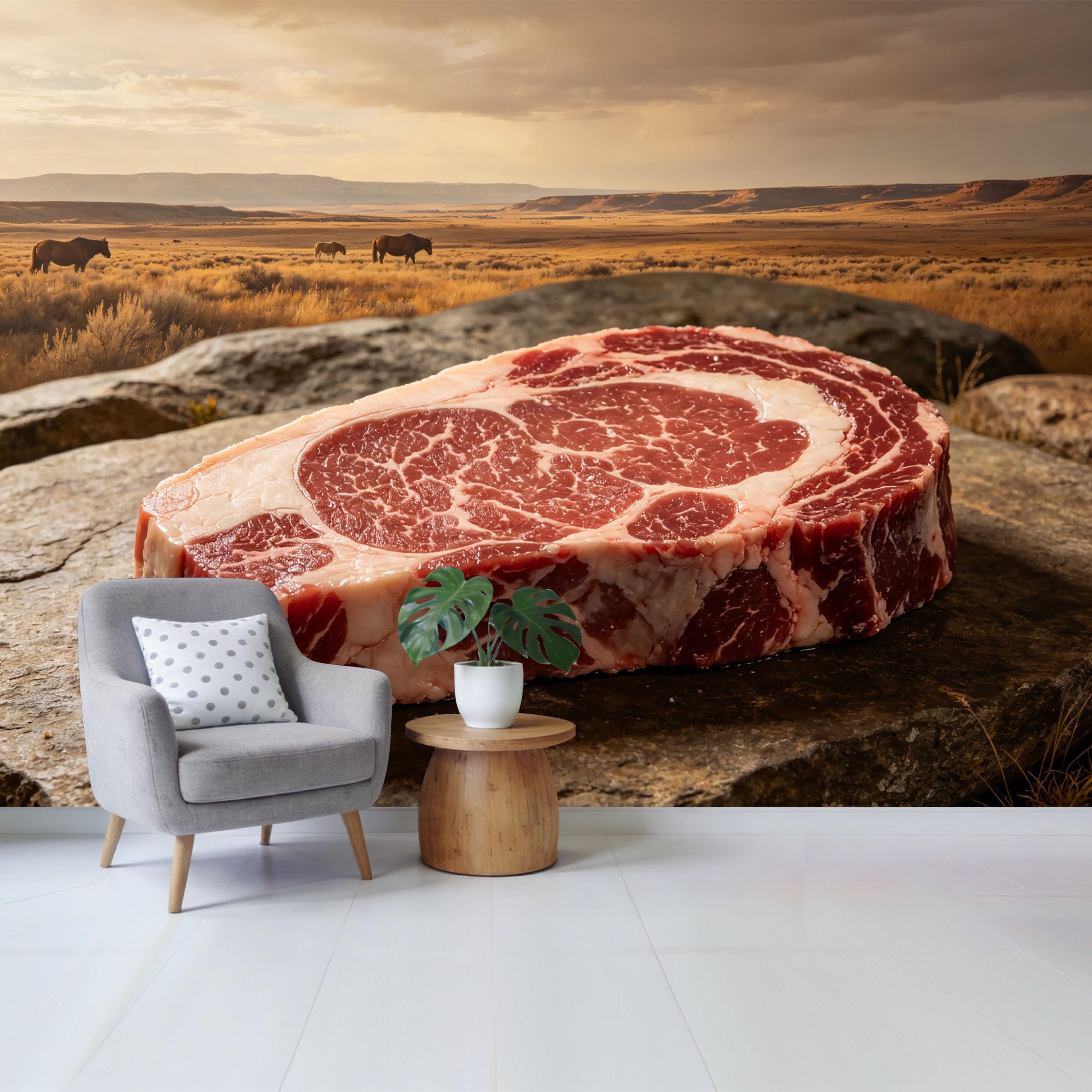 Qzlithotic Yq2605250806 Custom Size Wall Mural Raw Beef Steak Western Prairie Landscape Selfadhesive Wall Fabric Removable Wallpaper For Home Office Decor