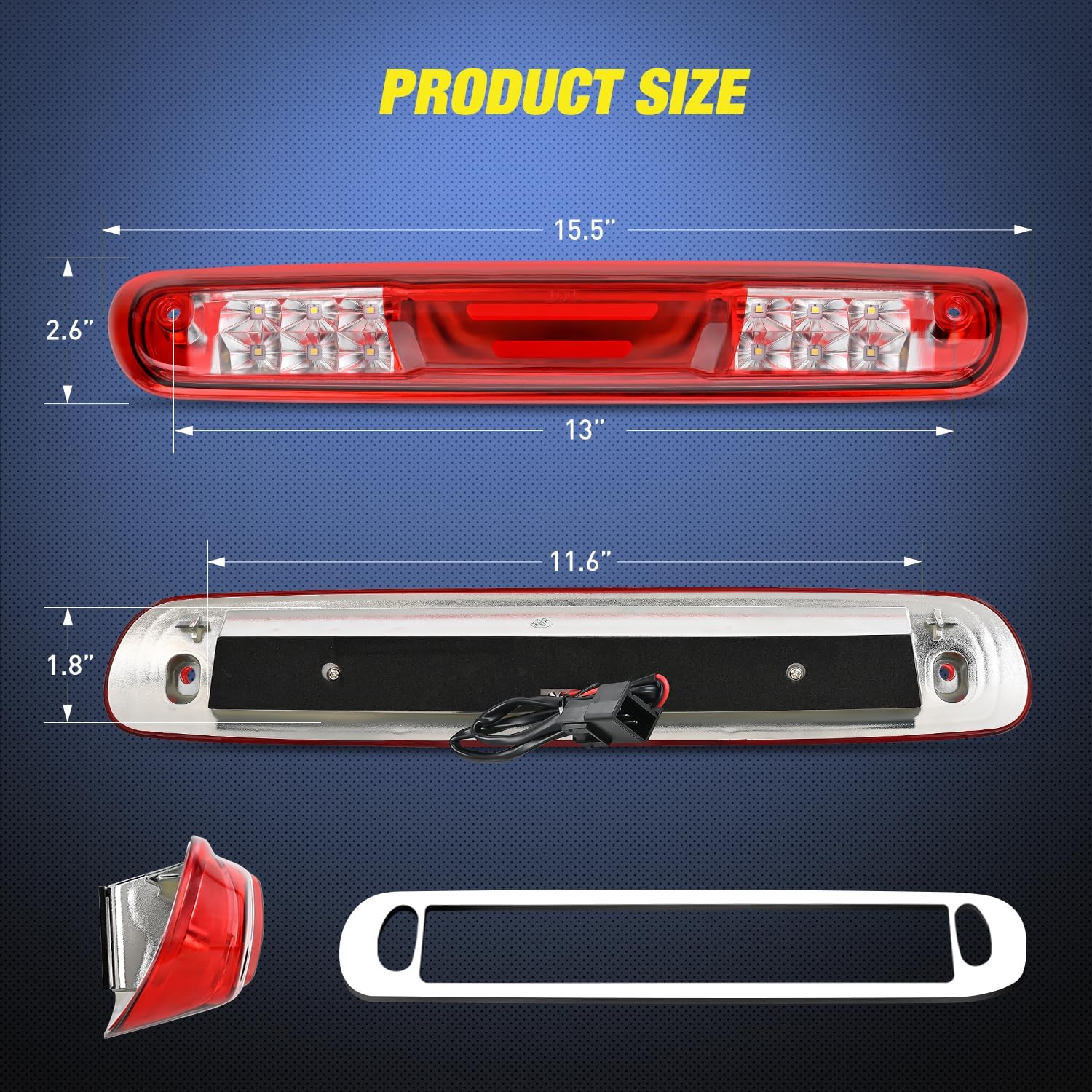 Minn fuq għal isfel view of the Nilight Third Brake Light showing its dimensions.