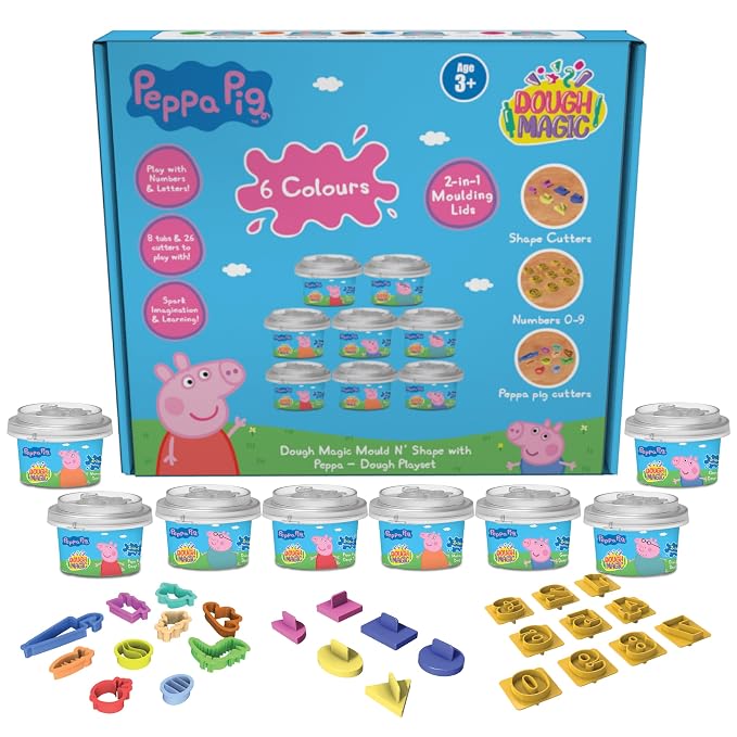 Dough Magic Mould N' Shape with Peppa Dough Playset|8xDough Tubs 10XPeppa Cutters,10XNumber & 6xShape Cutters|2-in1 Molding Lid|Water Based Dough|Non-Toxic|Gift Set for Kids 3+|Made in India