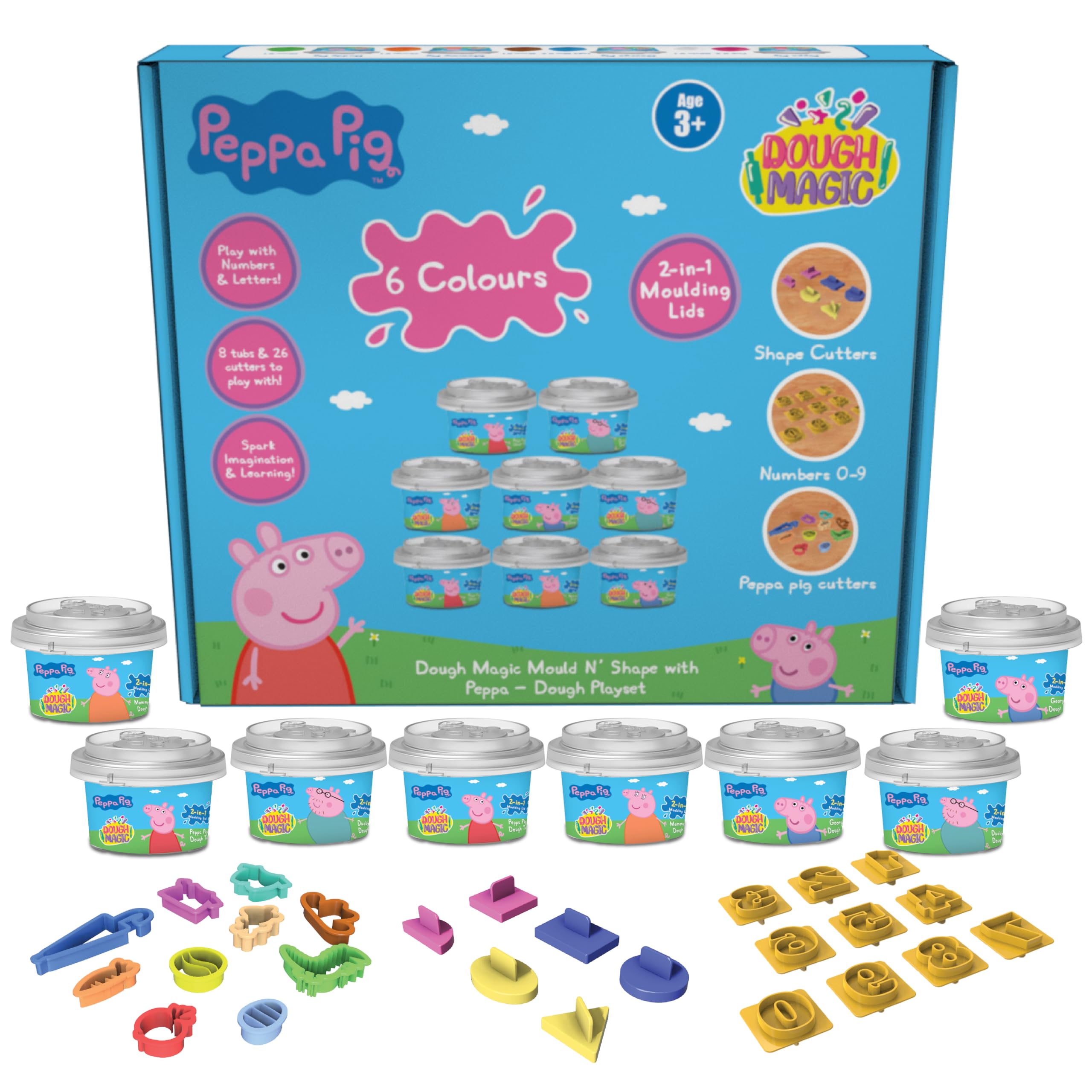 Mould N' Shape with Peppa Dough Playset|8xDough Tubs 10XPeppa Cutters,10XNumber & 6xShape Cutters|2-in1 Molding Lid|Water Based Dough|Non-Toxic|Gift Set for Kids 3+|Made in India