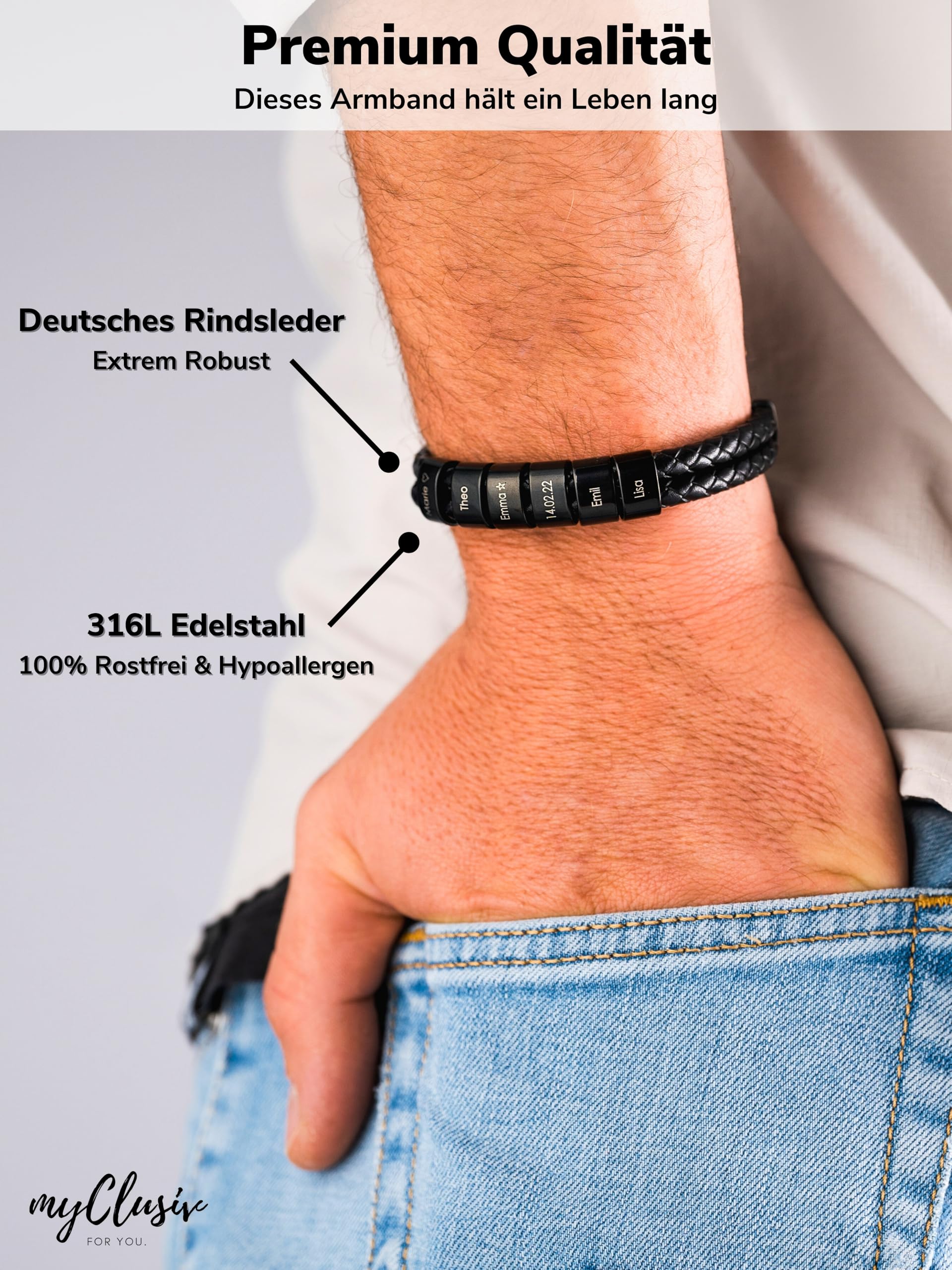 Lederarmband Herren mit Gravur – Personalisiertes Männerarmband mit Namen – Geschenk für Papa – Aus schwarzem Echtleder