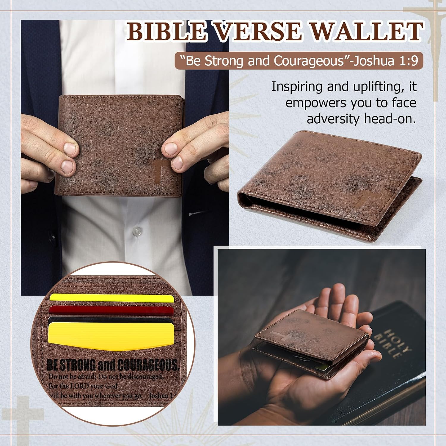 Sadnyy Christian Gifts Leather Wallet for Men Genuine Leather RFID Blocking Bifold Bible Verse Engraved Brown Faith Religious Gift for Husband Dad BF Grandpa Valentine Birthday Gift (Joshua 1:9)