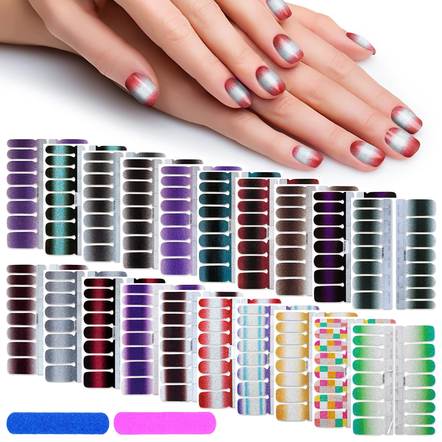 320 Pieces 20 Sheets Glitter Nail Polish Strips with Nail