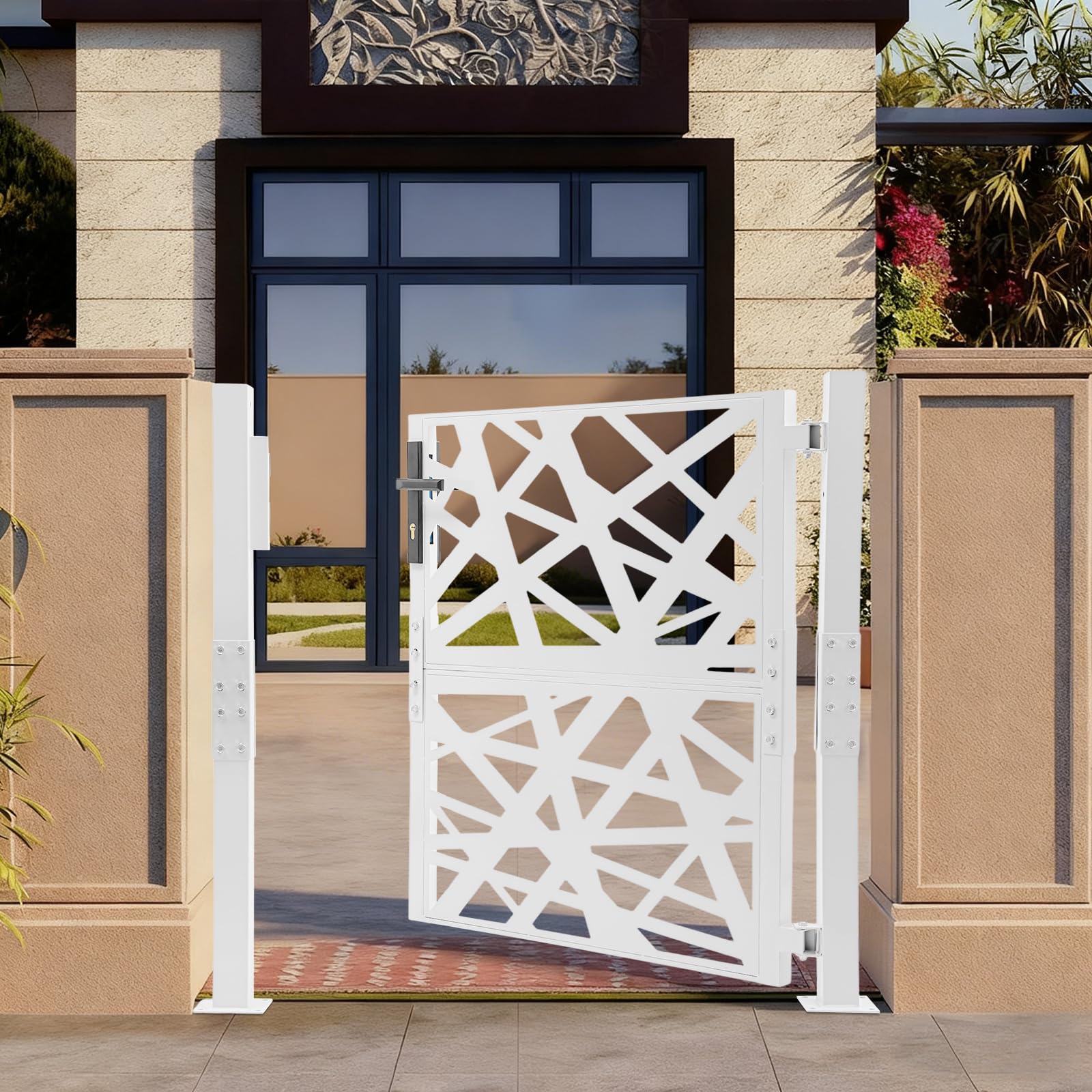 Cancello da giardino in metallo, porta da giardino in acciaio, chiudibile a chiave, cancello del cortile e cancello d'ingresso per giardino, terrazza e vialetto con design a motivo geometrico forato