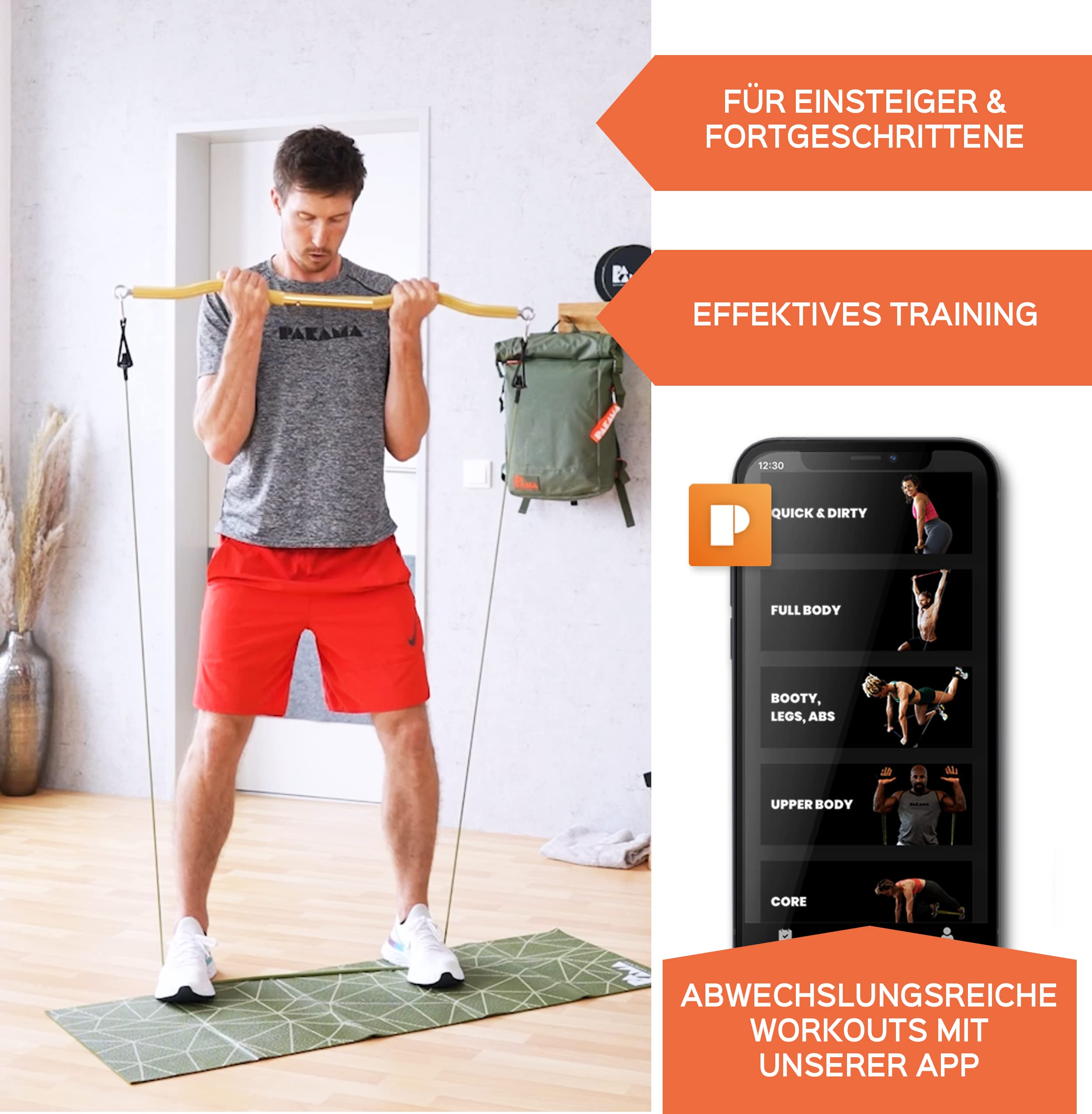 PAKAMA - Mobile SZ-Stange (Bar) für Widerstandsbänder & Resistance Bands - Fitness-Stange für Home Workout & Krafttraining Zuhause - Smarte Hantel-Stange für Kniebeugen, Kreuzheben & Bankdrücken