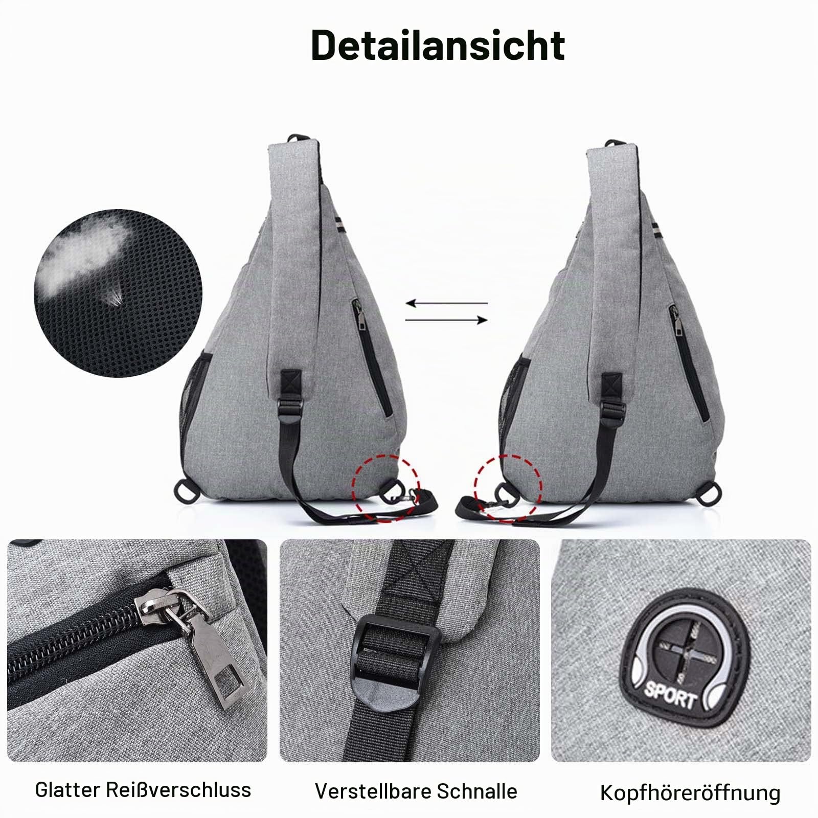 FANDARE Ultraleicht Brusttasche Schultertasche Herren Sling Chest Bag Wasserdicht Umhängetasche mit Kopfhörerloch Reflexstreifen für Outdoor Sport Wandern Radfahren Reisen SchultertascheSchwarz