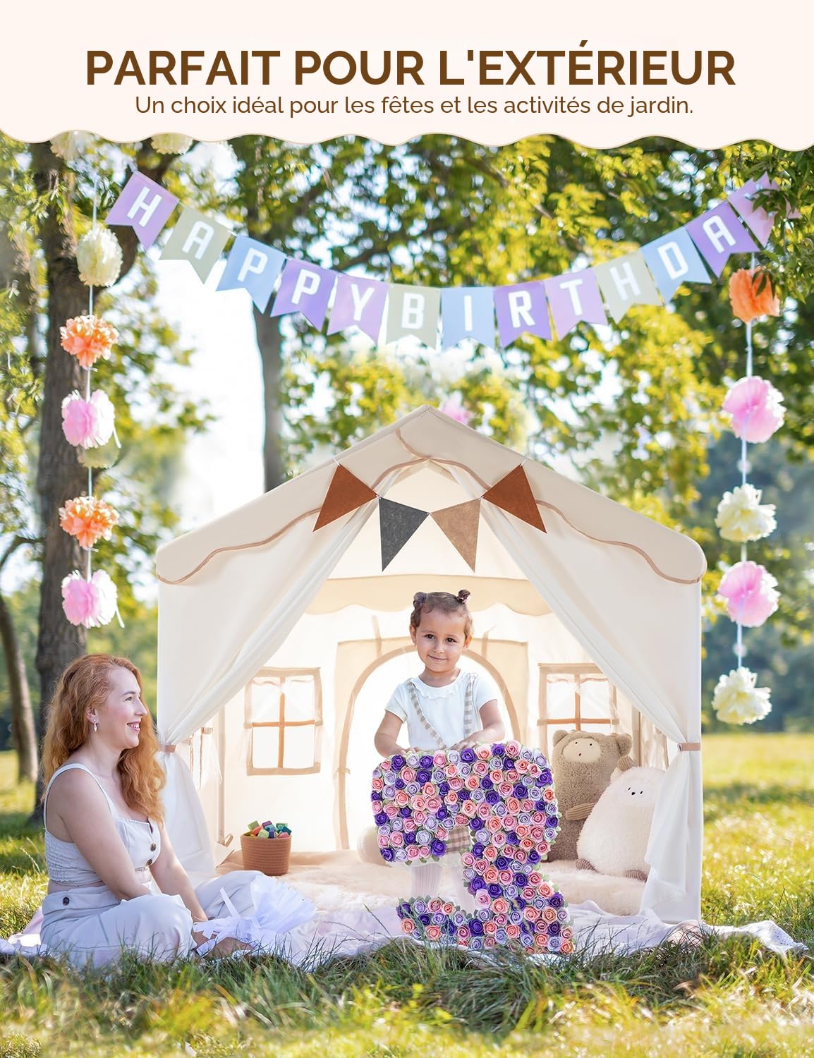 besrey Tente Enfant 2 en1, Cabane Enfant Intérieure avec Tapis Rembourré, Lumières et Drapeaux, Tente de Jeu pour Enfants Princesse, Idéal pour la Décoration de Chambre d'enfants et Fête, Beige