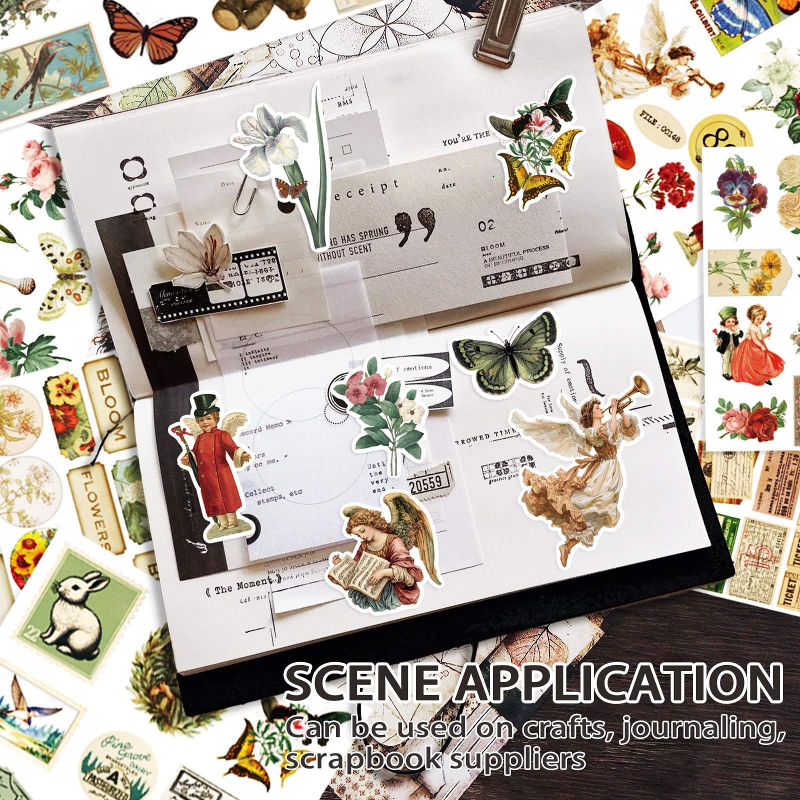 Bomichi Książka z naklejkami w stylu vintage z papierem Washi, estetyczne naklejki do scrapbookingu, dziennik śmieci, nastolatka, butelka na wodę, laptop, planer, rękodzieło DIY