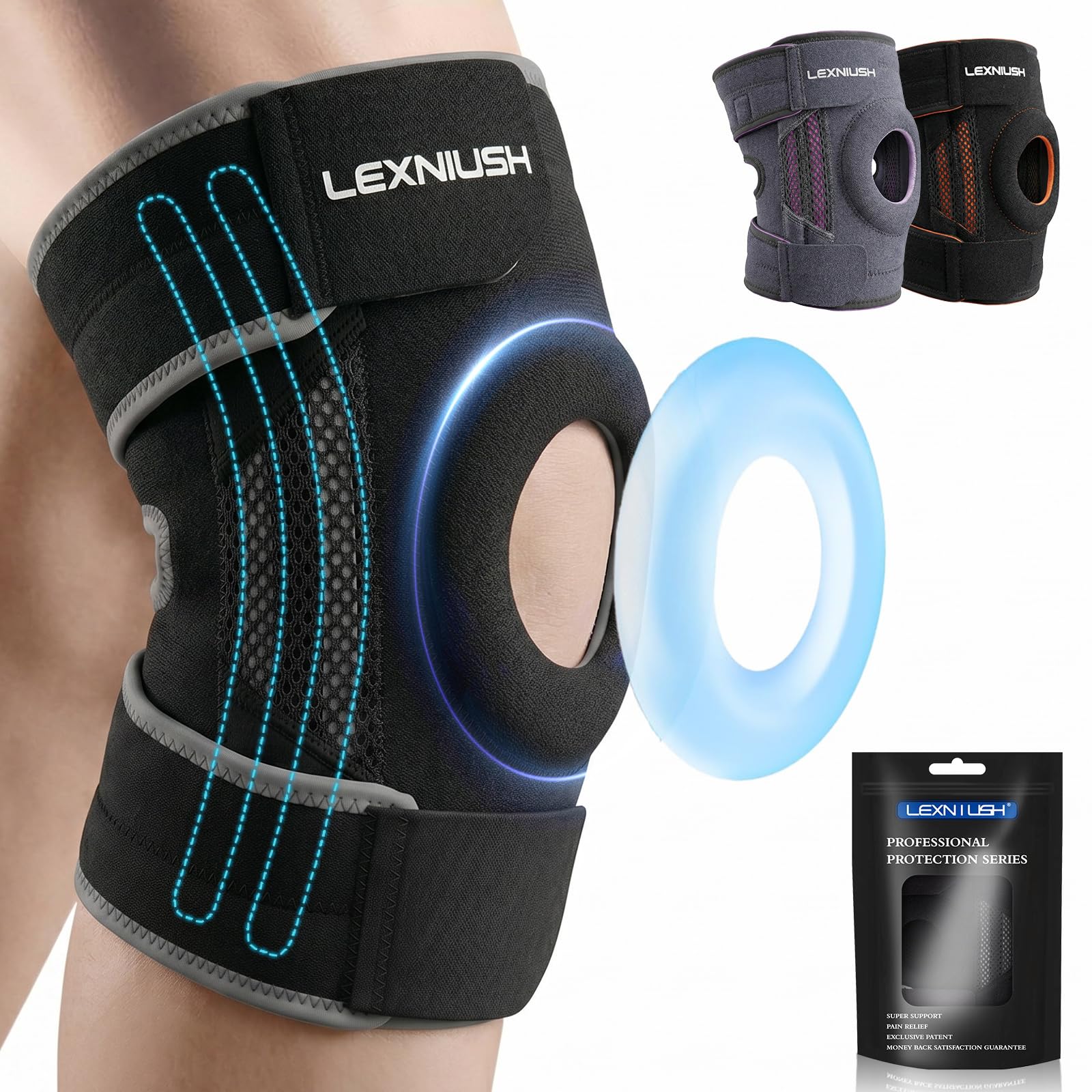 Lexniush Kniebandage Männer/Damen mit Patella Gel Pads & Seitenstabilisatoren, Verstellbare Kniestütze für Arthritis, Meniskusriss, ACL, Knieschmerzen, Kompression Bandage Knie für Laufen, Sport