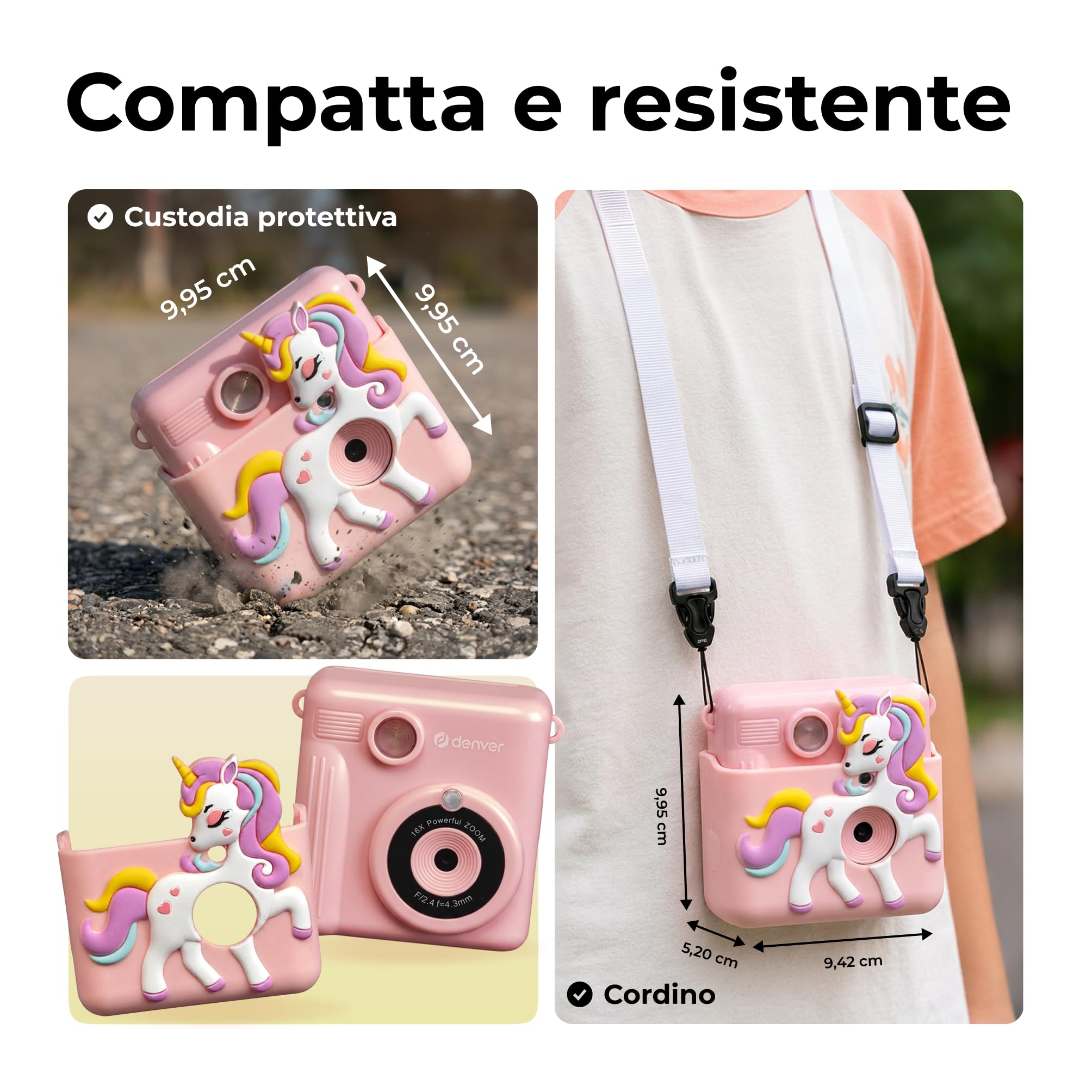 Denver KPC-1363RO Fotocamera Istantanea per Bambini con Stampa Termica, 20MP, Video Full HD 1080p, Schermo LCD 2”, Cover in Silicone, Rosa