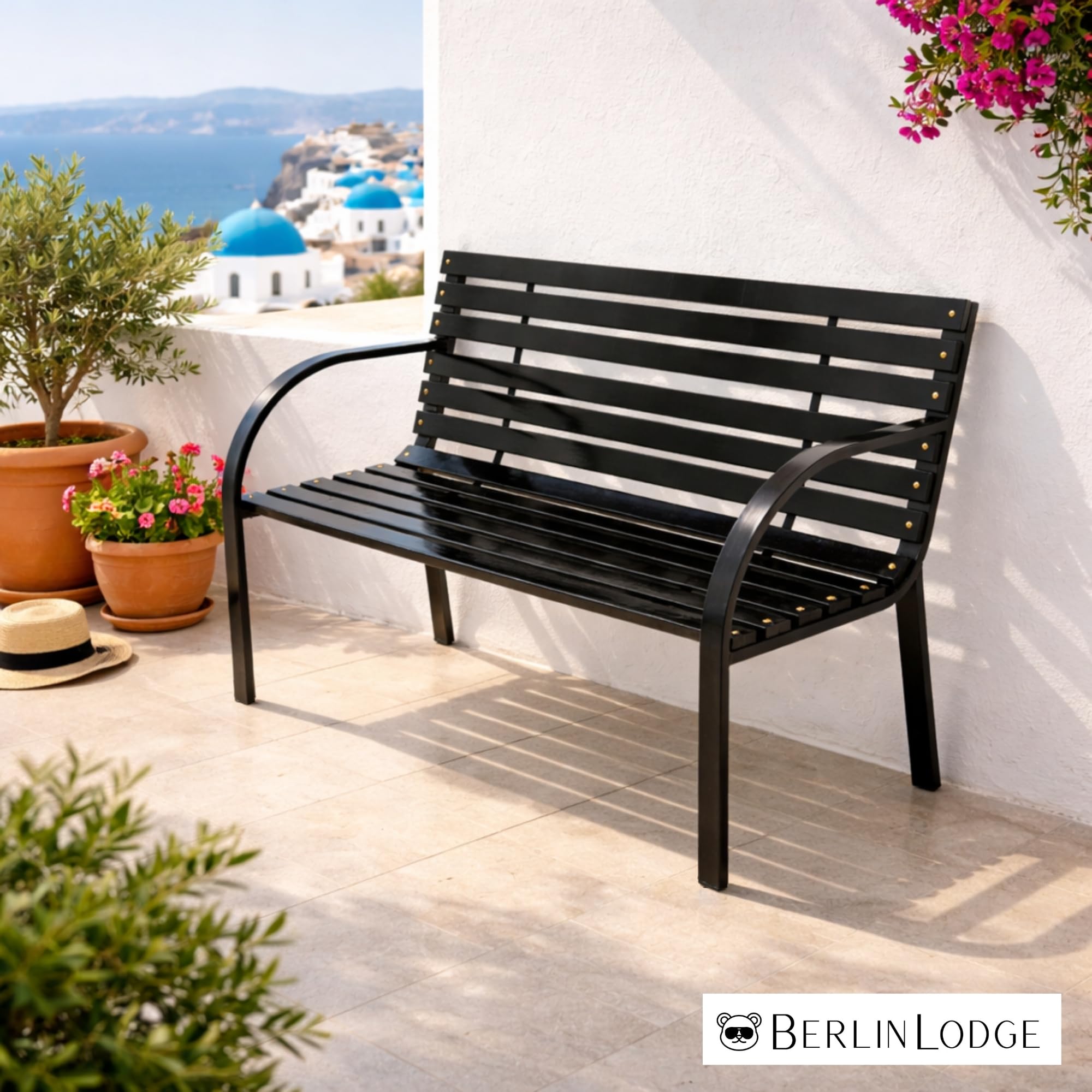 Berlinlodge Gartenbank Santorini Holz & Metall 2-Sitzer, wetterfest, rustikal & massiv, 82 x 120 x 58 cm, Schwarz, Balkonbank, Holzbank, Wintergarten Gartenmöbel, Sitzbank, Garten Balkon & Terrasse