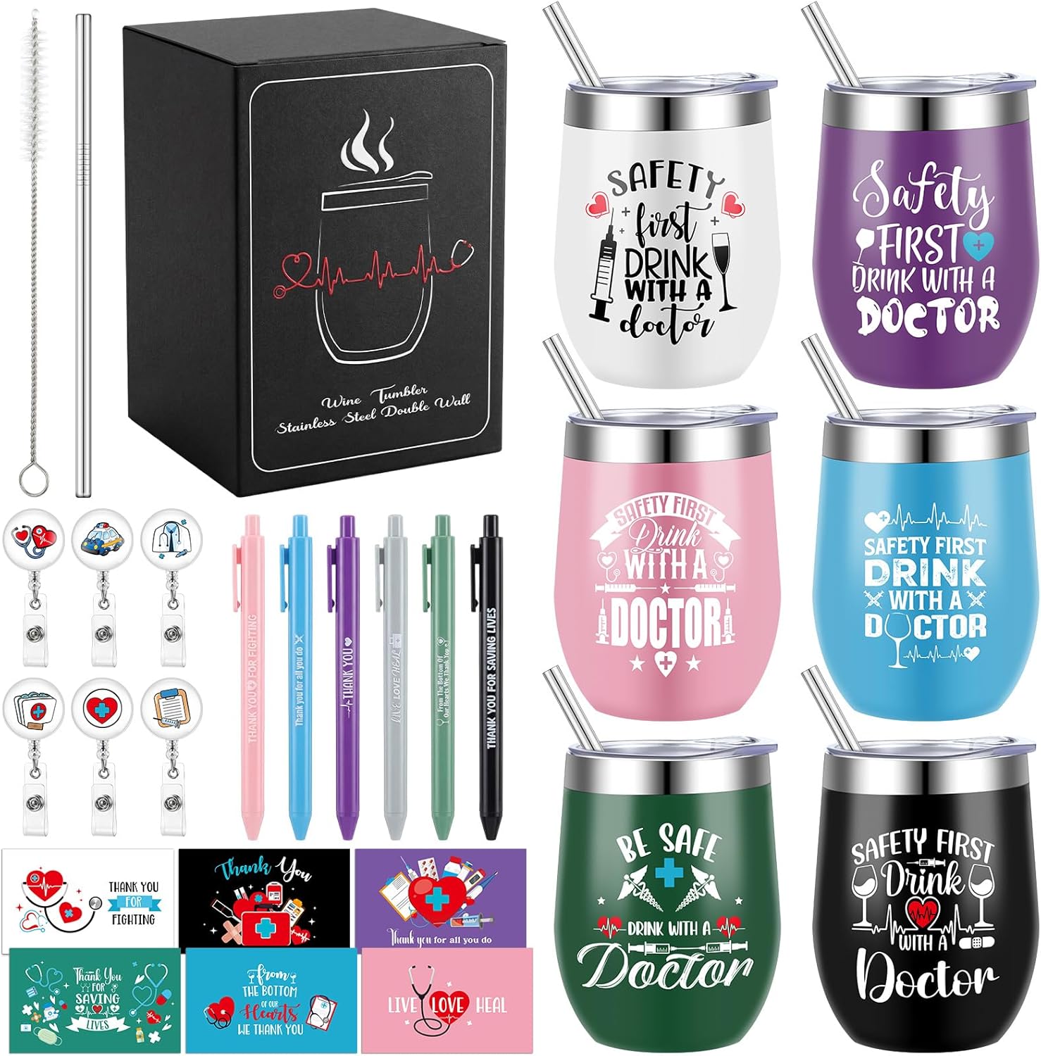 30 Pcs/6 Set Doctor Appreciation Gifts Bulk Doctor Day Gifts for Men Women Stainless Steel Wine Tumbler Greeting Card Pen Retractable Badge Reel for Thank You Residency Hygienist Physician