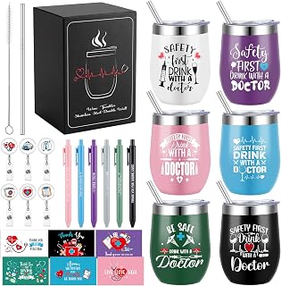 Willinglong 30 Pcs/6 Set Doctor Appreciation Gifts Bulk Doctor Day Gifts for Men Women Stainless Steel Wine Tumbler Greeting Card Pen Retractable Badge Reel for Thank You Residency Hygienist Physician