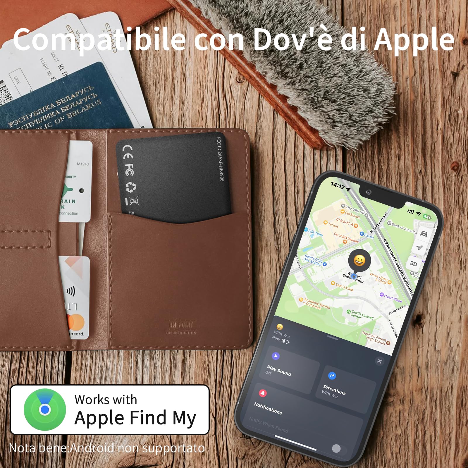 WAFTING Wallet Tracker Card, Ricaricabile senza fili Smart Localizzatore portafoglio compatibile con Apple Dov'è (solo iOS), Air Bluetooth tag Trova Oggetto per etichette per bagagli, Valigia (1 Pack)