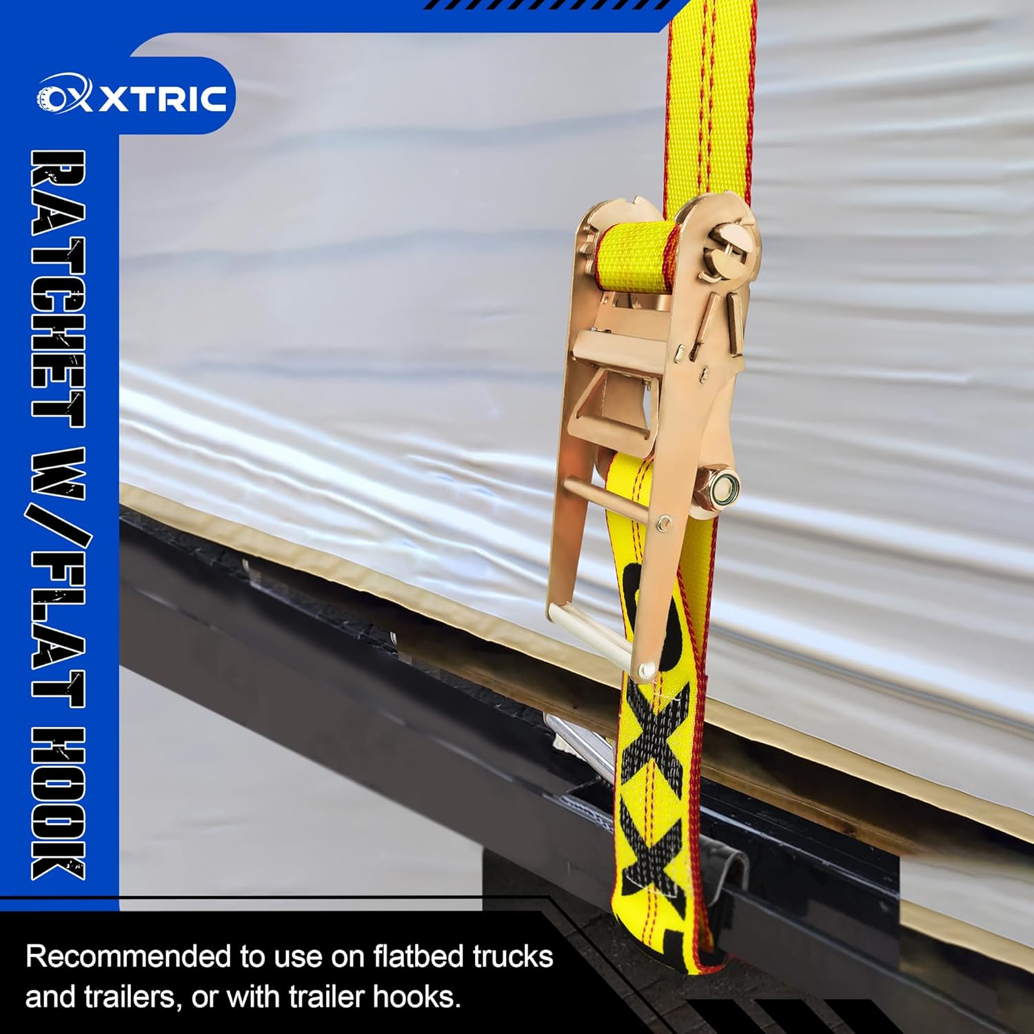 4 Inch Ratchet Strap with Flat Hook Fixed End, Heavy Duty Replacement for Flatbed Trailer, Vehicle Tie Down Straps, Cargo Control, 6600lbs WLL - 2 Pack