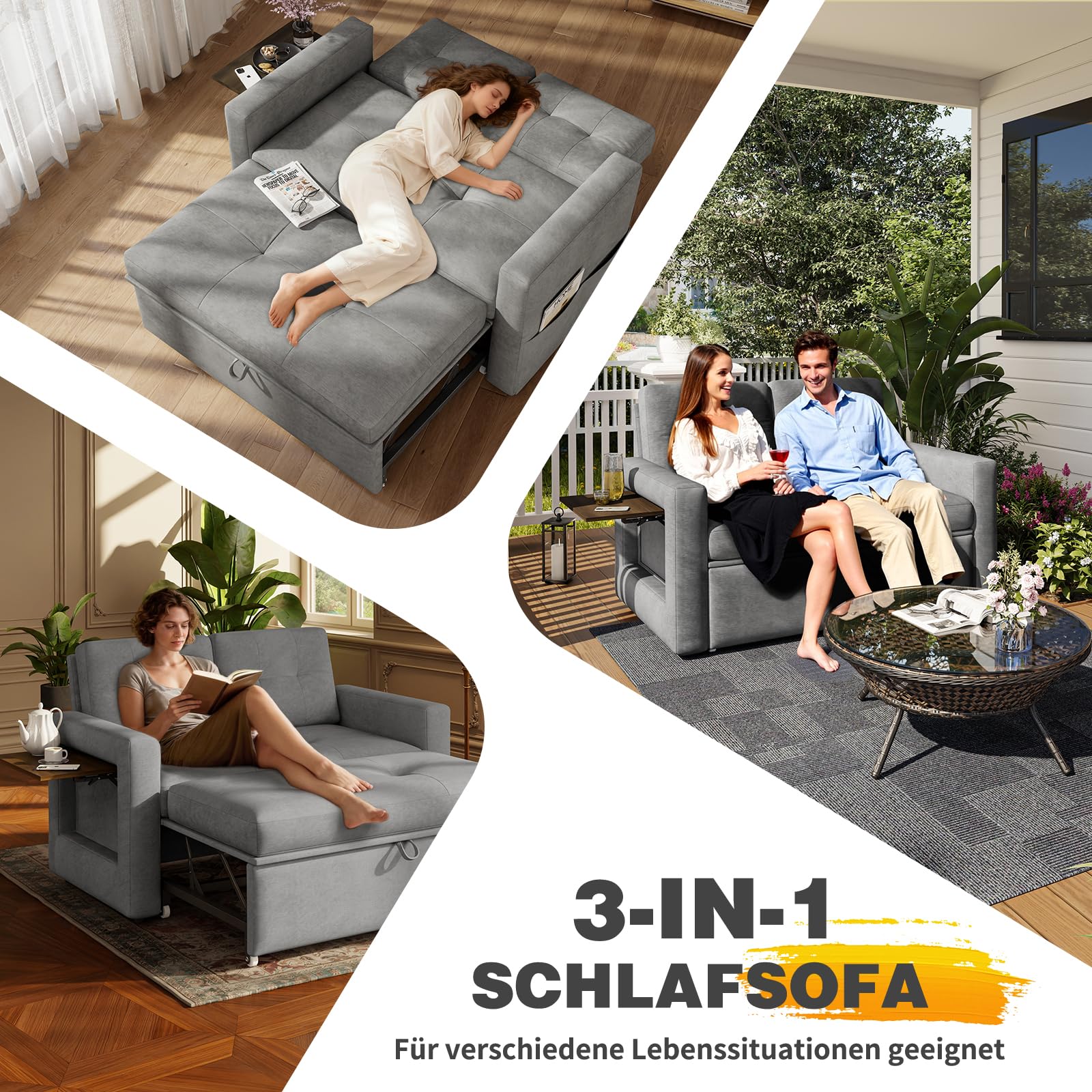 YOUDENOVA Sofa mit Schlaffunktion, Schlafsofa mit 5-stufig Verstellbarer Rückenlehne, Schlafcouch mit Bettfunktion, Couch mit Tisch & Seitentasche, 2 Sitzer Sofa Bed 177x135 cm, Chenille Grau