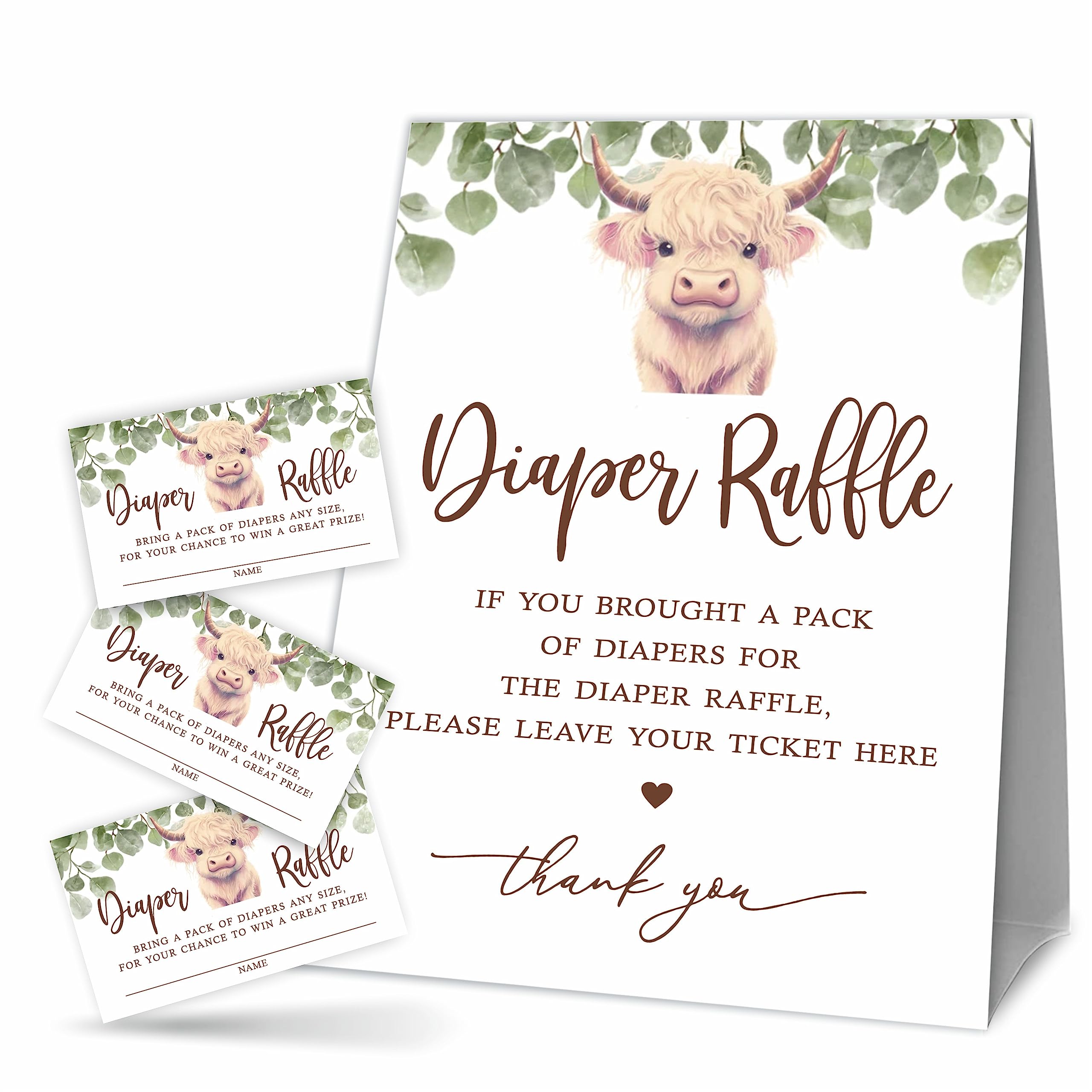 Baby Shower Diaper Raffle Game Set, Adorable Cow & Greenery, 1 Standing Sign & 50 Diaper Raffle Tickets, Gender Reveal Party Game Kit, Baby Announcement Activity Decorations And Supplies - B14