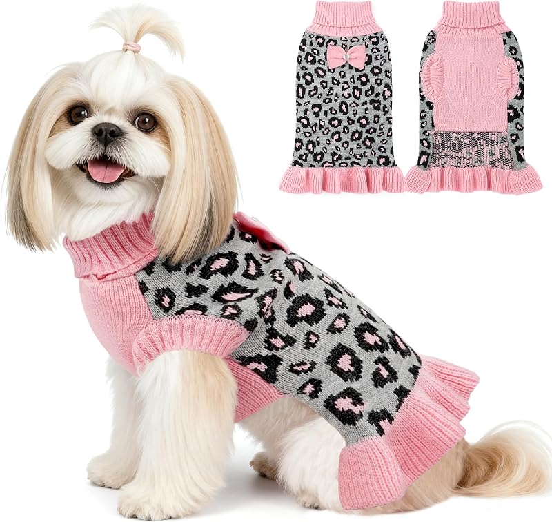 Vestido tipo suéter para perros pequeños con pajarita, cuello alto, ropa para mascotas de leopardo | Suéter cálido para perros y gatos Yorkies, Chihuahua, pequeño y mediano, con orificio para correa, bonito diseño de pajarita, vestido de leopardo rosa, S
