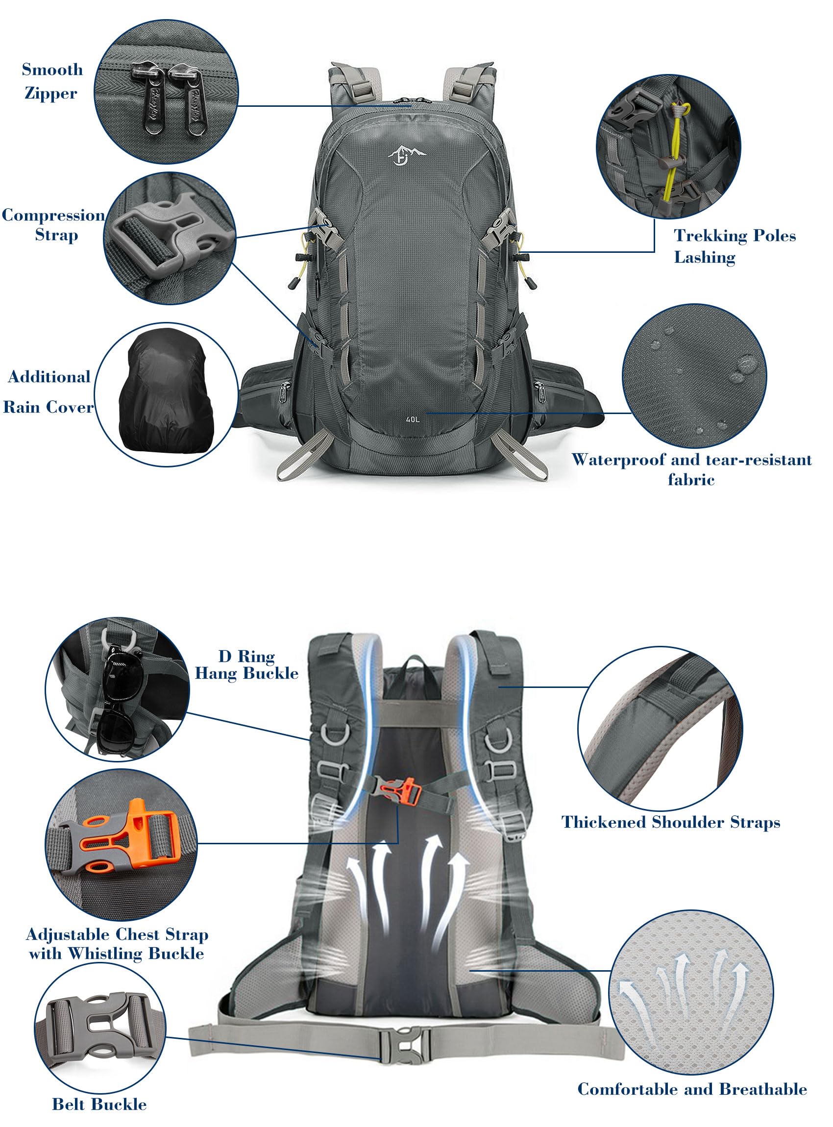 Long Keeper Wanderrucksack 40L Wasserdichter Campingrucksack mit Regenhülle Leichter Trekkingrucksack Outdoor Sport Rucksäcke für Klettern Skifahren Radfahren Reisen