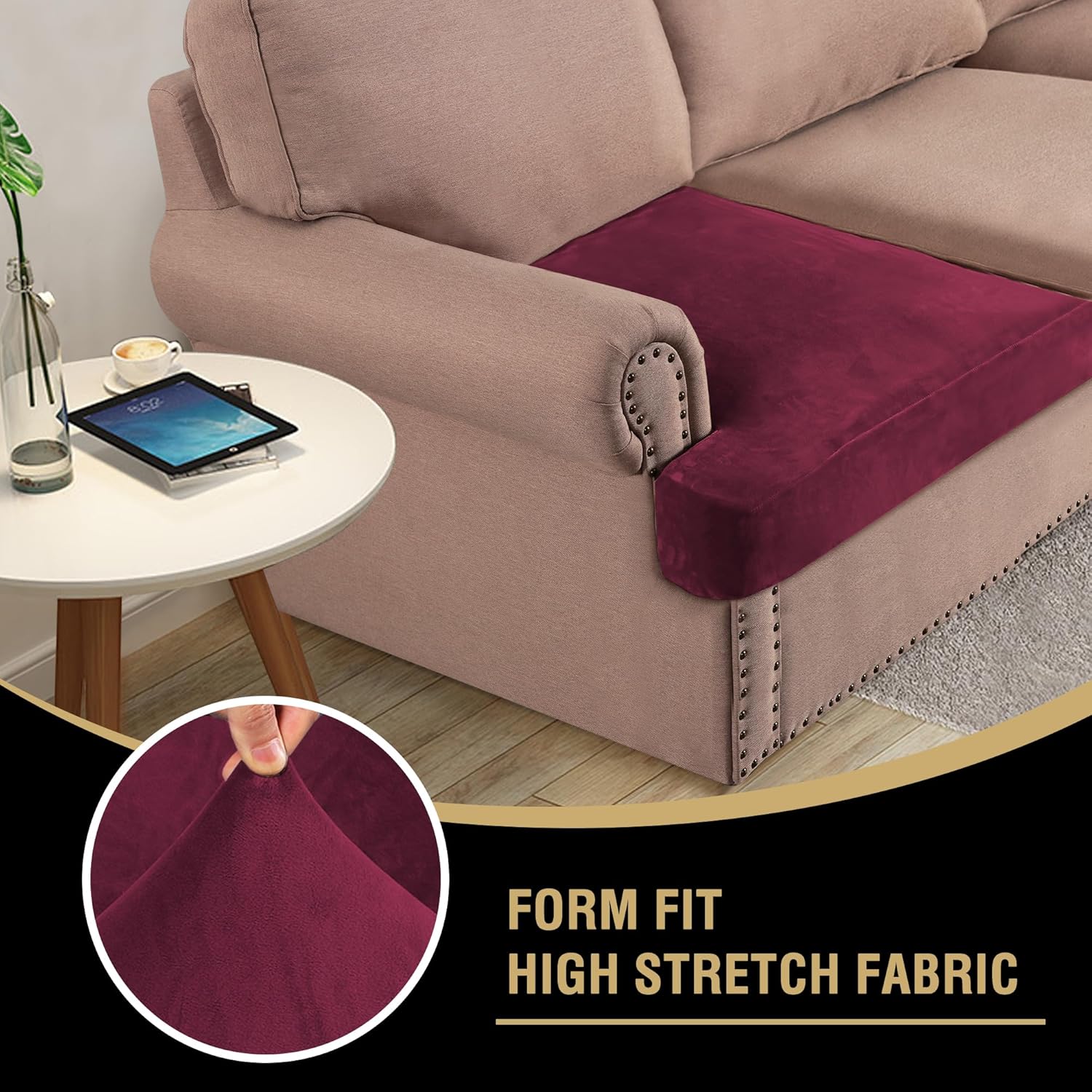 H.VERSAILTEX Stretch Velvet 3 Piece T Cushion Sofa Slipcovers Individually Sofa Cushion Covers for 3 Cushion Couch Seat Cushion Covers for Sofa Seat Cushion Covers Stay in Place(Sofa, Burgundy)