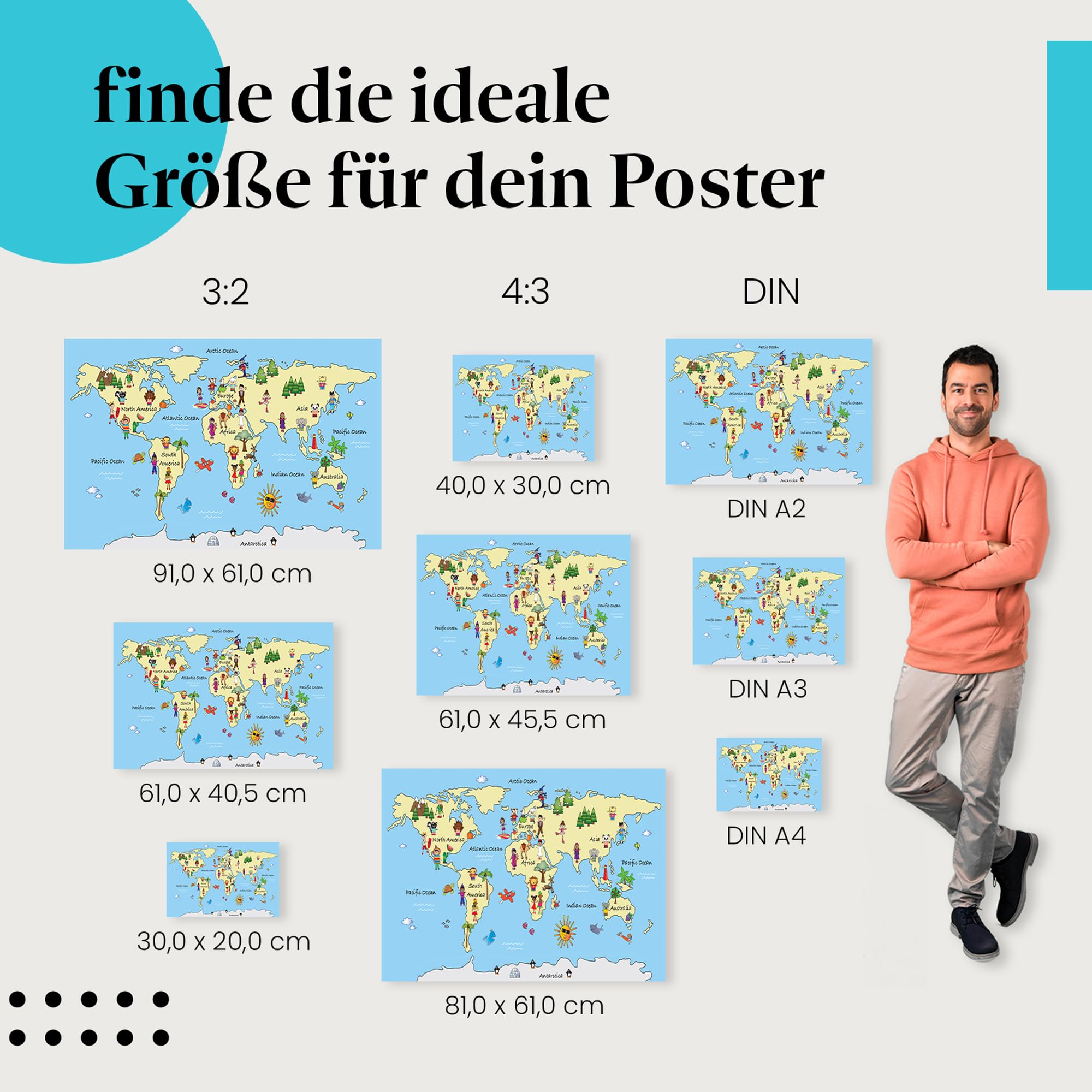 Postereck - 2353 - Weltkarte, Kontinente Kinderzimmer Schule Lernen - Kinder Kinderzimmer Kinderbild Wandposter Fotoposter Bilder Wandbild Wandbilder - Leinwand - 100,0 cm x 75,0 cm
