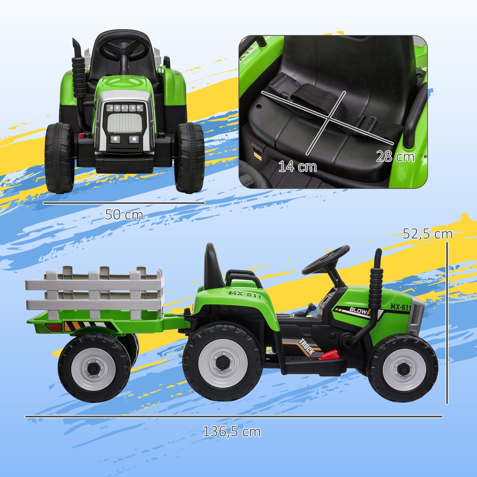 HOMCOM Elektrischer Traktor mit Anhänger 2,4G Fernbedienung 3-6KM/H Grün | Kinder Aufsitztraktor, Kinder Elektroauto mit MP3 Funktion, Kinderfahrzeug mit Scheinwerfer, für 3-6 Jahre