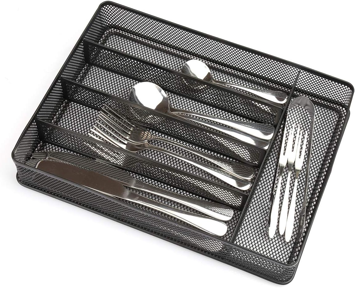 Linkfu 5 Compartments Removable Metal Mesh Cutlery Tray, Silverware Storage, Kitchen Utensil Flatware Organizer, Drawer Collection, Black
