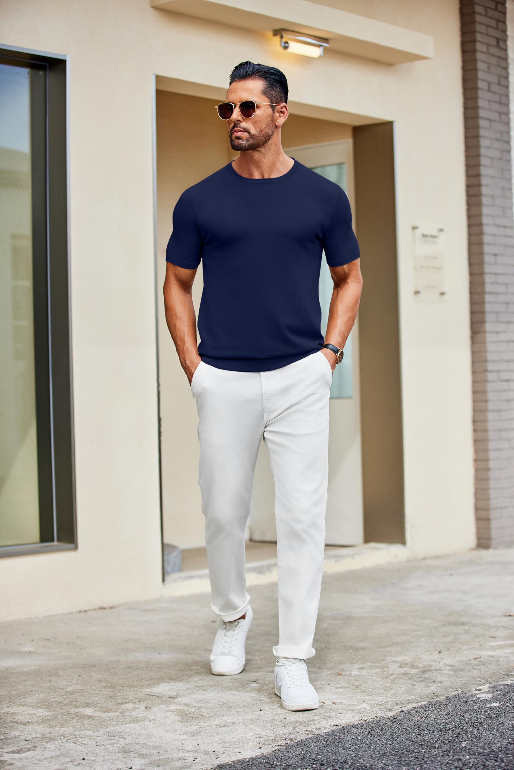 COOFANDY Camiseta Punto Hombre Manga Corta Verano Cuello Redondo