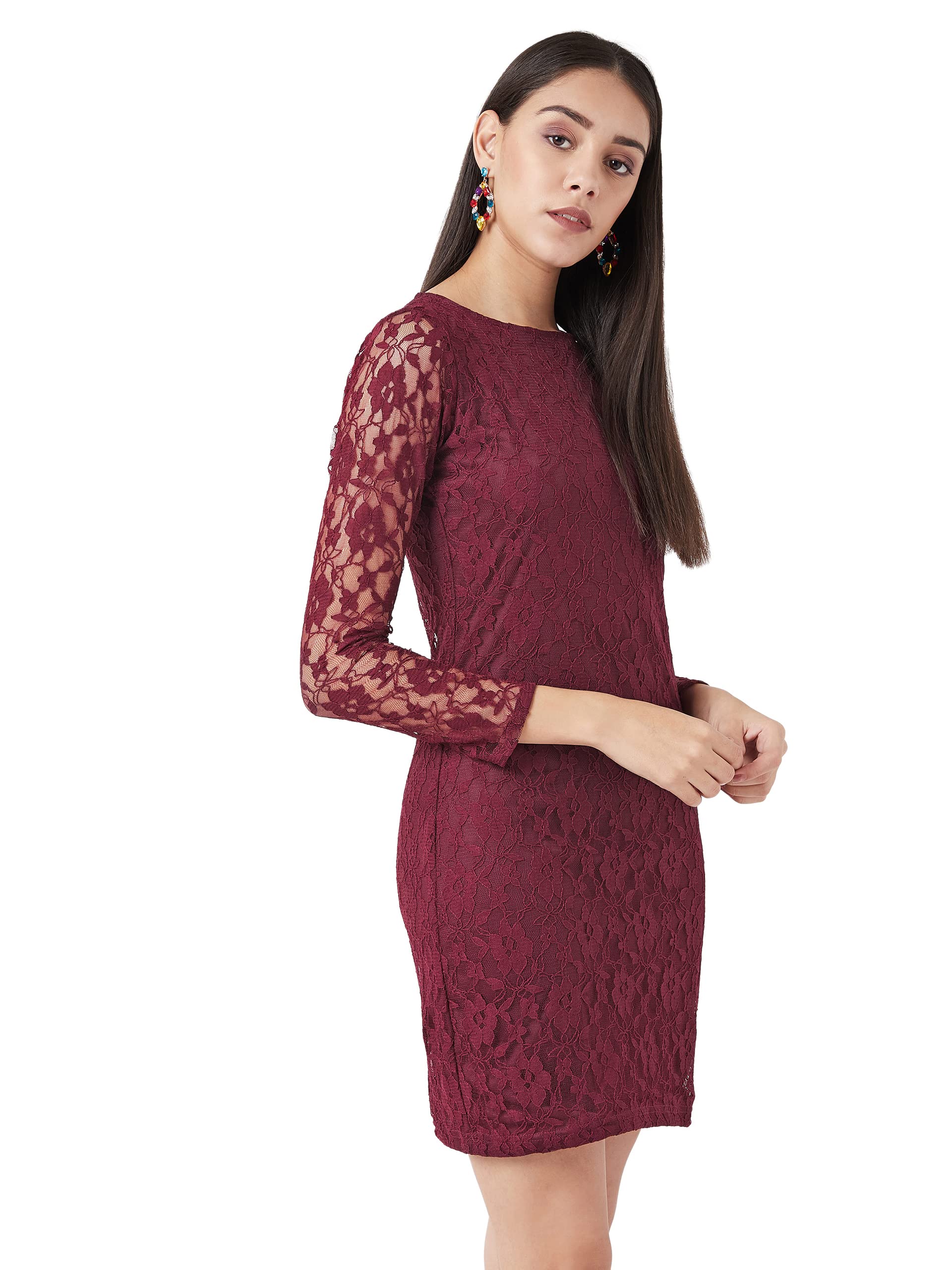 Miss Chase Women's Maroon Round Neck Full Sleeves Lace Bodycon Mini Dress (Mcs14D02-17-64_Maroon_L)