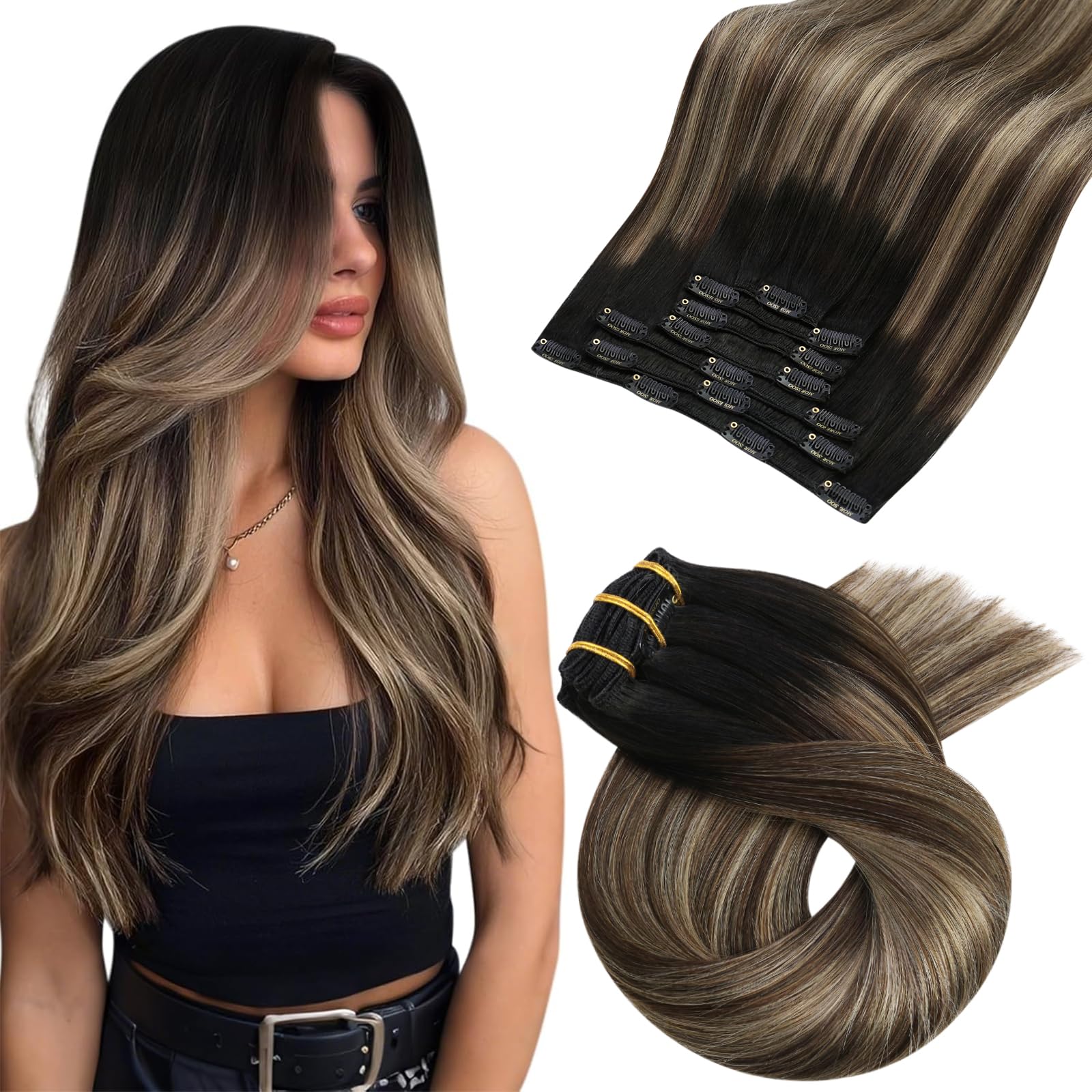 Moresoo Human Hair Extensions Clip in Real Hair Ash Blonde with Bleached Blonde Clip in Hair Extensions Remy Human Mid-length Hair Layered Add Volume 14 Inch 5pcs/80g #P18/613 — view 16