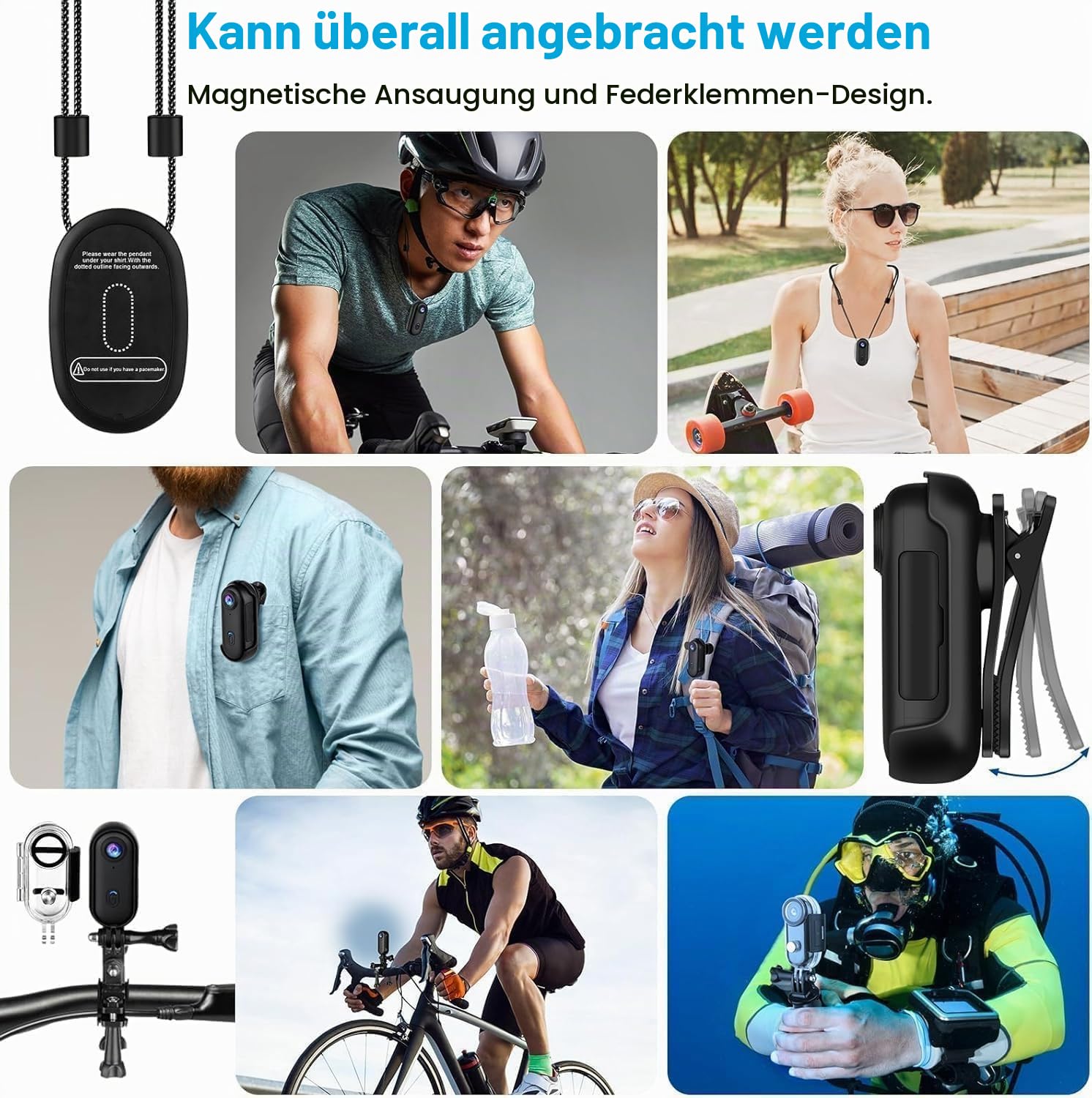 4K Mini Action Kamera Ultra-Kompakt POV Bodycam, wasserdichte Sportkamera mit 120Min Aufnahme, WiFi App Sharing, tragbare Wearable Vlog Kamera als Fahrradkamera/Helmkamera mit Magnetclip & 360° Clip