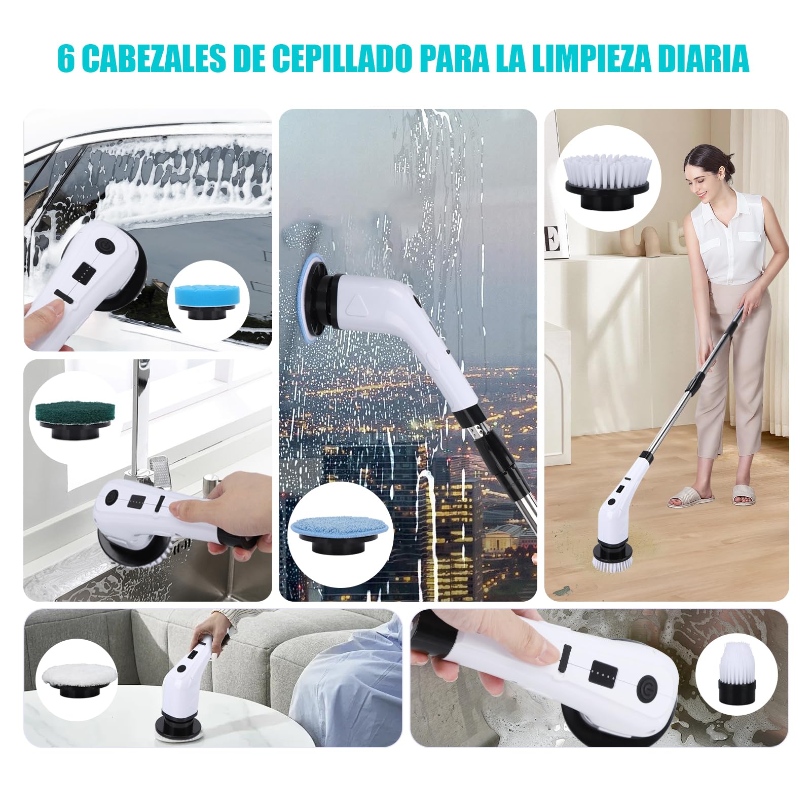 Cepillo de limpieza eléctrico inalámbrico, cepillo de fregar de microfibra para pisos de madera dura, con cabezal de cepillo de acero inoxidable y cable de carga USB (blanco)