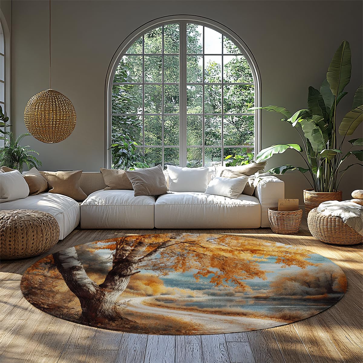 Maschinenwaschbar 120cm Rundteppich Naturlandschaft Herbstwald rutschfest Naturlandschaftsdruck Flachflor für Wohnzimmer Schlafzimmer Esszimmer Küche Innen