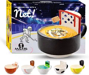 Ceramic hockey mug with a miniature net inside