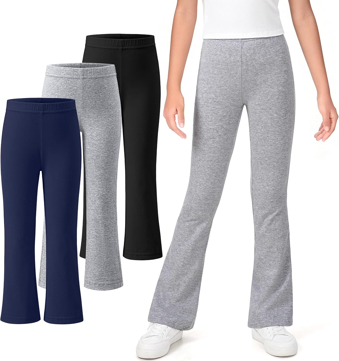 KEREDA 3 Pack School Uniform Pants for Girls Flare Bell Bottoms Leggings