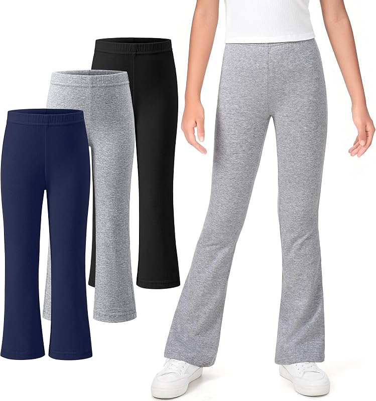 KEREDA 3 Pack School Uniform Pants for Girls Flare Bell Bottoms Leggings