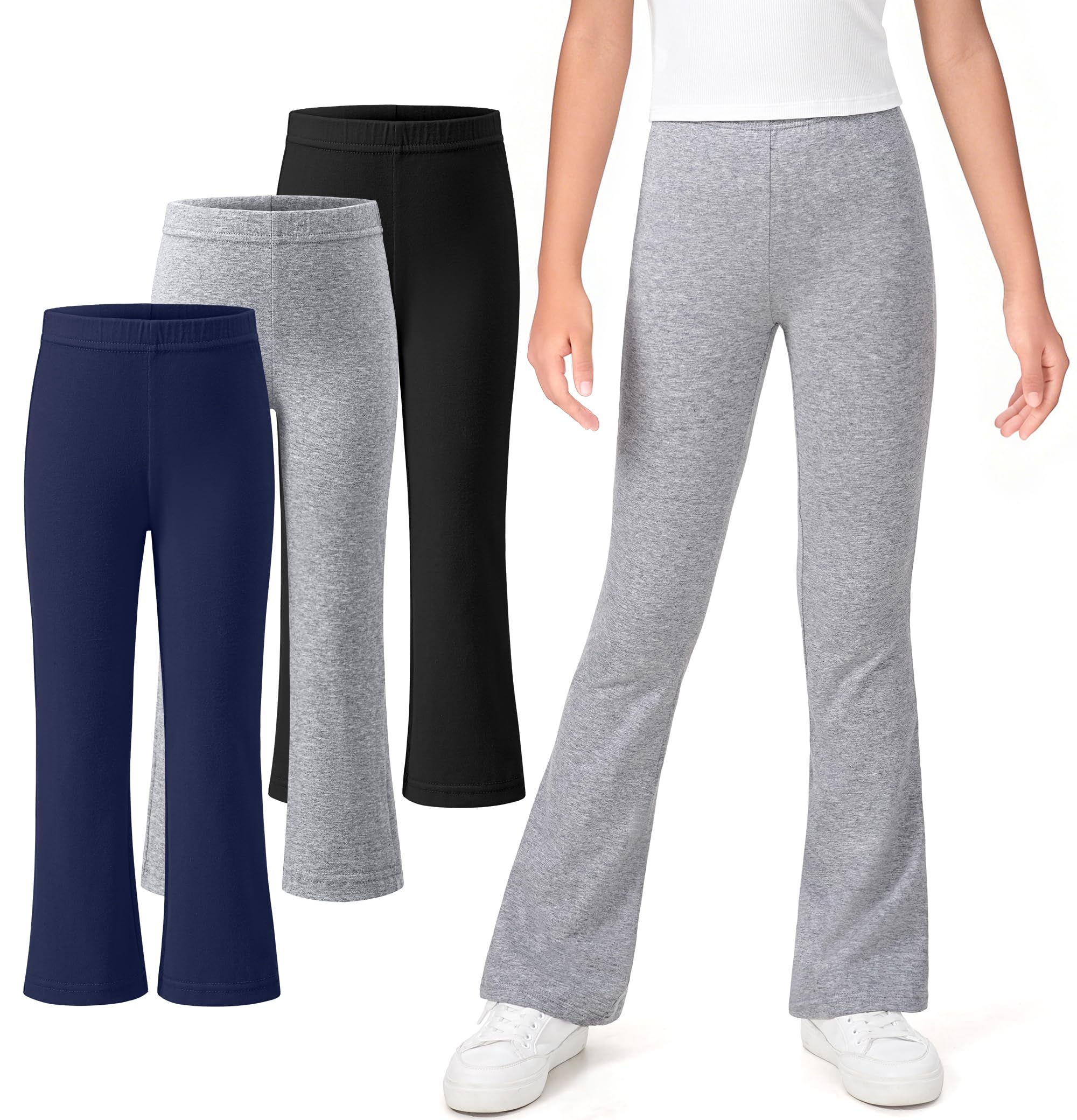 KEREDA 3 Pack School Uniform Pants for Girls Flare Bell Bottoms Leggings
