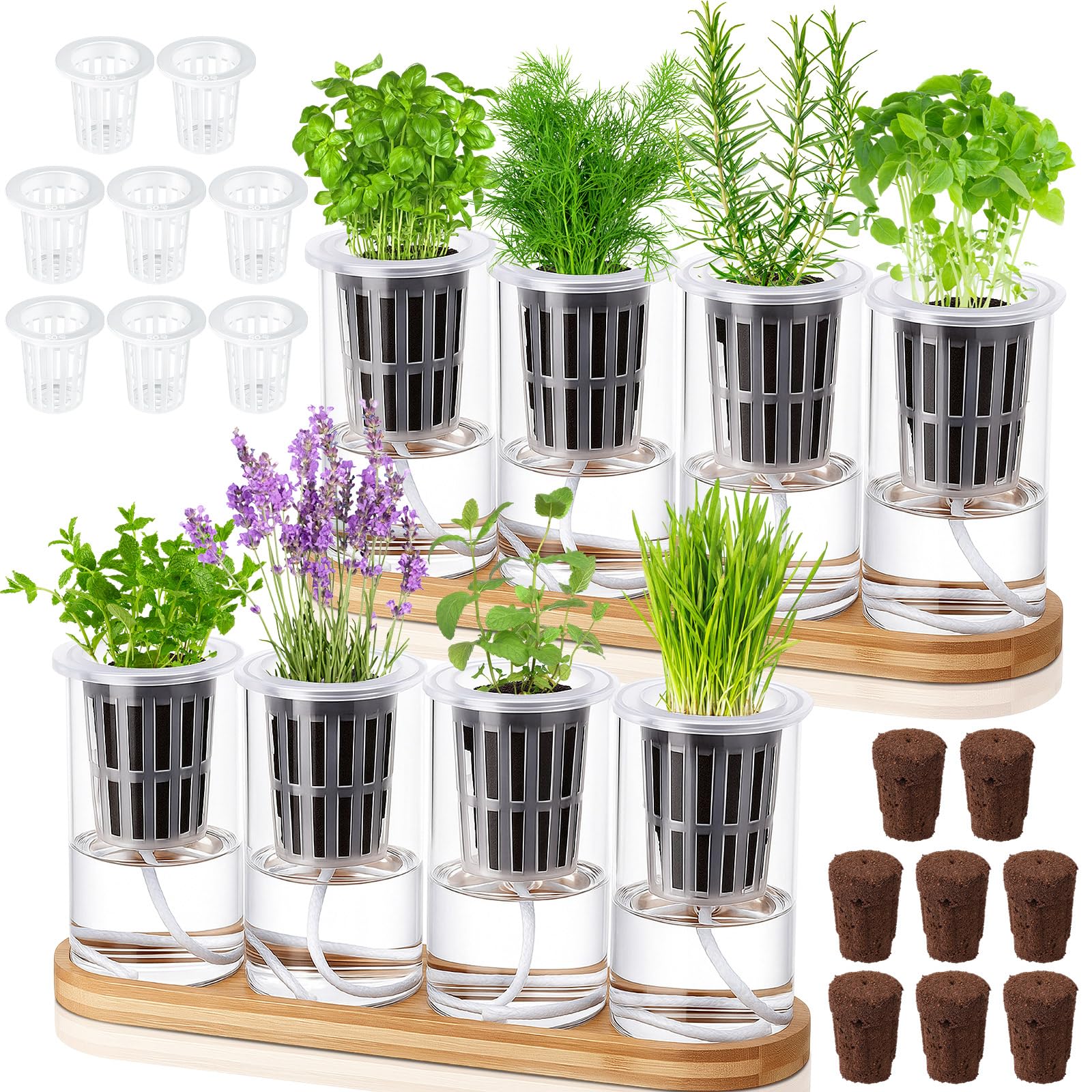 Teenyyou 8 Pcs Hydroponic Herb Planter Growing Kit Self Watering Glass Vase with Wooden Stand Herb Garden Starter Kit for Propagating Hydroponic Plants Centerpiece Office Home Garden Decor-picture-28