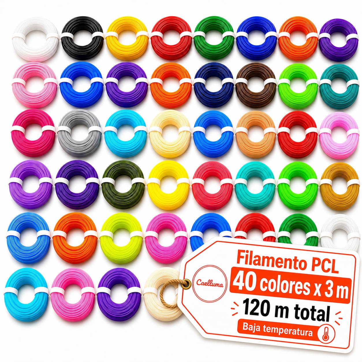 Caelluma Filamento PCL 1.75 mm para Bolígrafo 3D · 40 Colores x 3 m · 120 m Totales · Baja Temperatura 60 90 C · Recambios para Lápiz 3D Infantil Manualidades y Proyectos Creativos