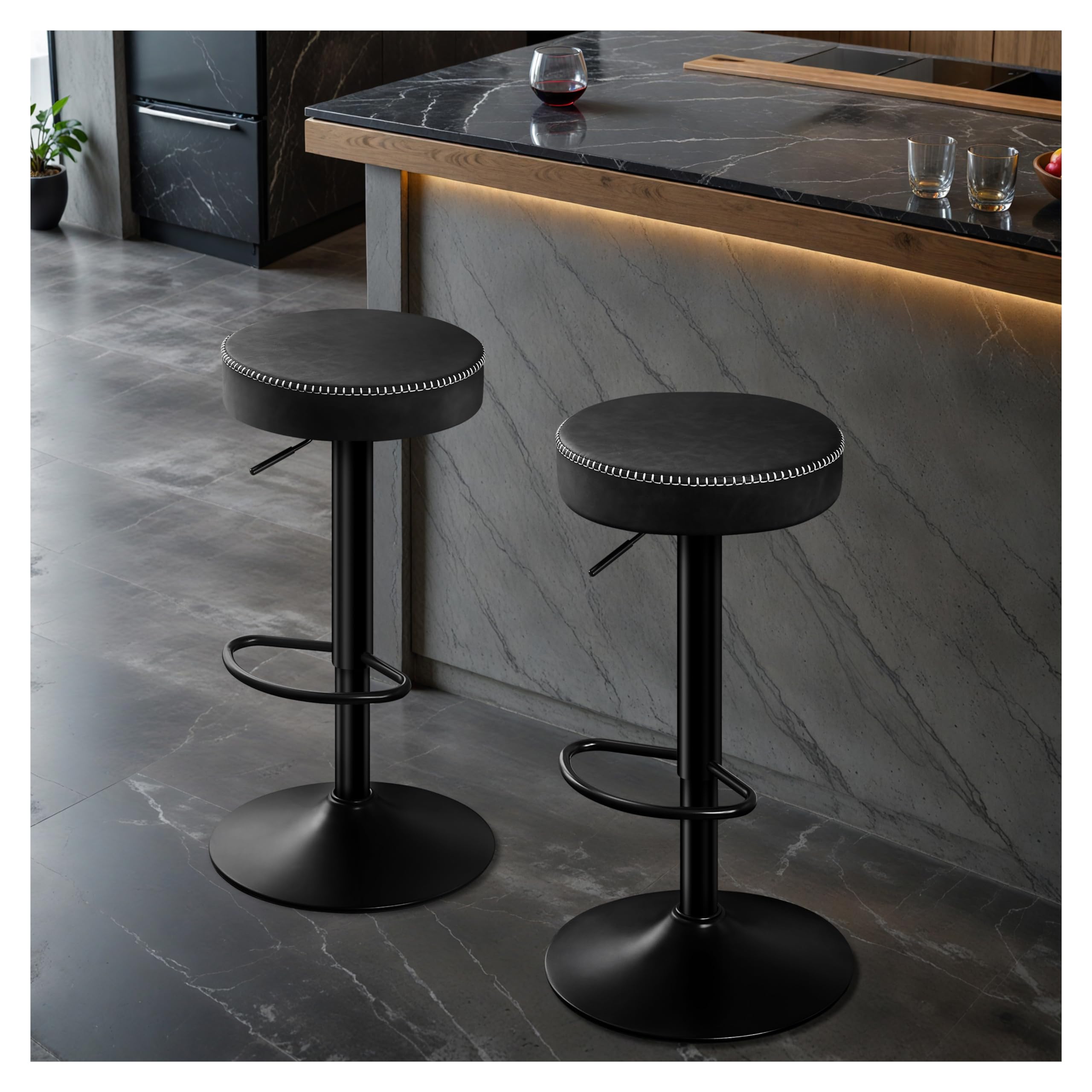 STOOLINK Swivel Bar Stools Set of 2 Black Microfiber Leather Counter Height Bar Stools with Round Seat Adjustable Backless Barstools Modern Tall Bar