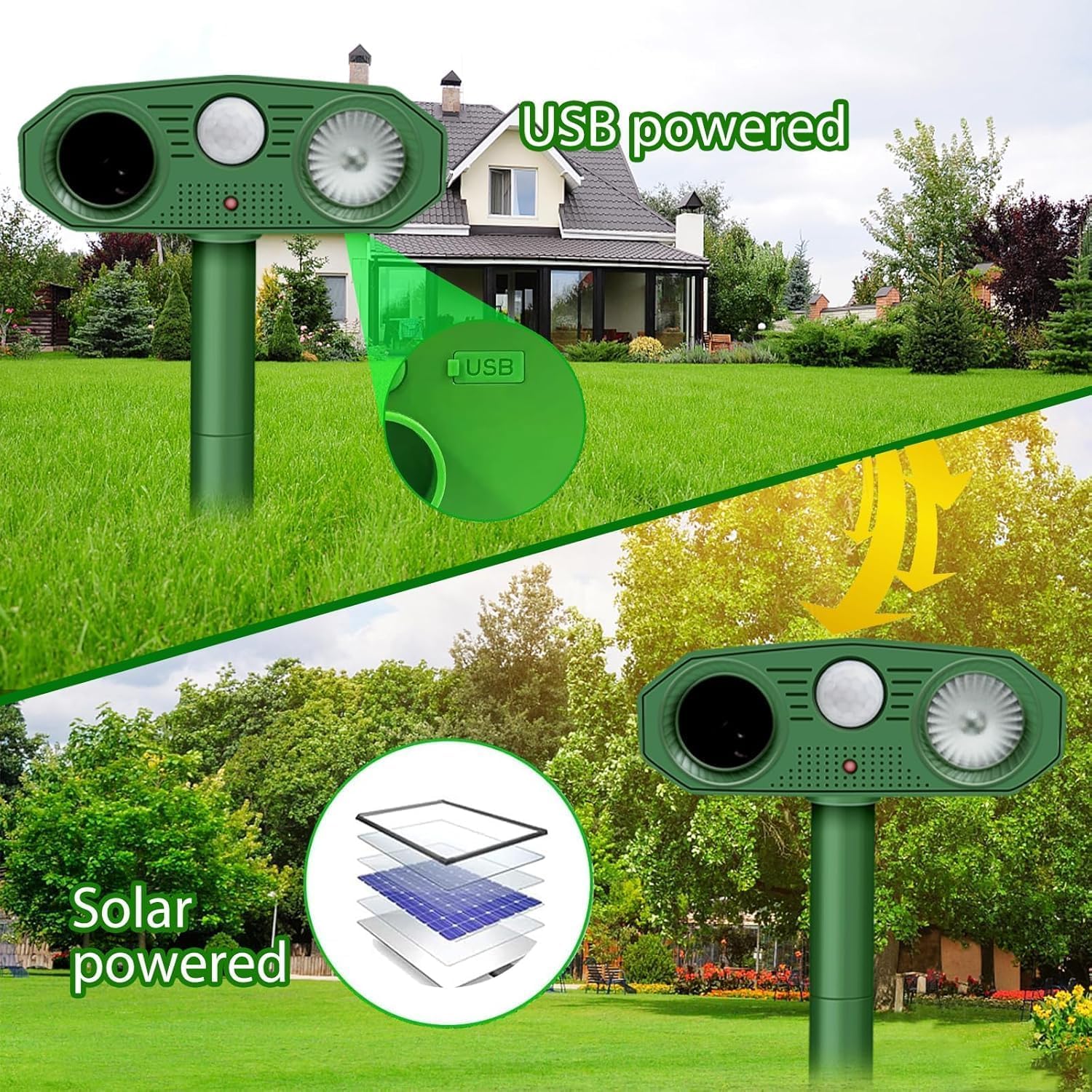 Repulsif Chat Solaire, Répulsif Chat Ultrason 3 Modes, Solaire et USB Répulsif Animaux, Imperméable IP54 Repulsif Chat Exterieur pour Anti Chats Chiens Souris Ratons Animaux de Jardin