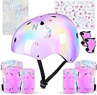 Vista 1 de Casco para niños, casco de bicicleta para niños pequeños con pegatinas DIY Unicornio, rodilleras y coderas ajustables, juego de protección
