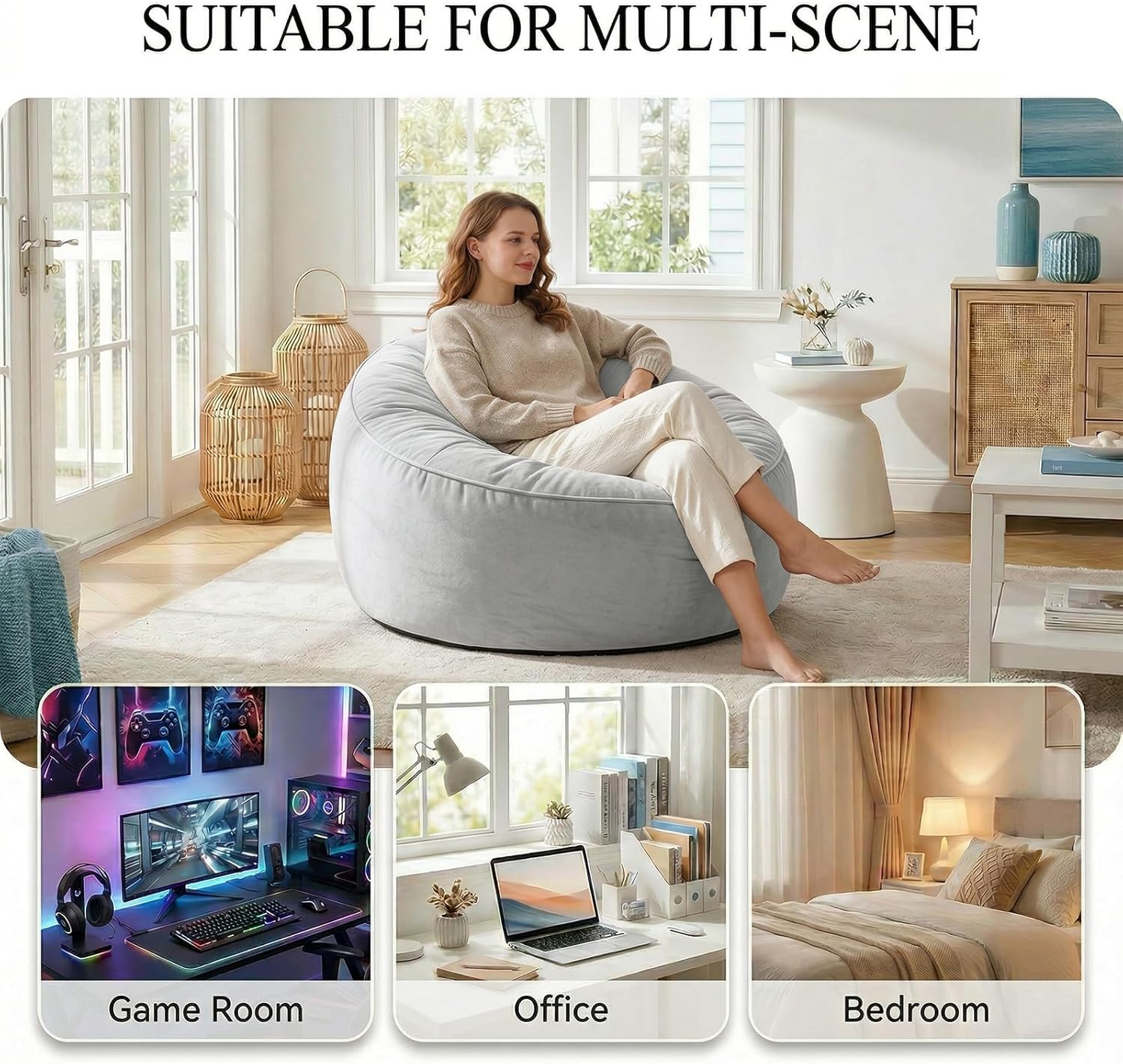 5FT Bean Bag Chairs for Adults, Huge BeanBag Chair with Washable Velvet Cover, Memory Foam Fillings & Ultra Soft Faux Fur Fabric Washable, Lazy Sofa for Gaming, Reading, Bedroom,Grey(55"x 55"x 28")