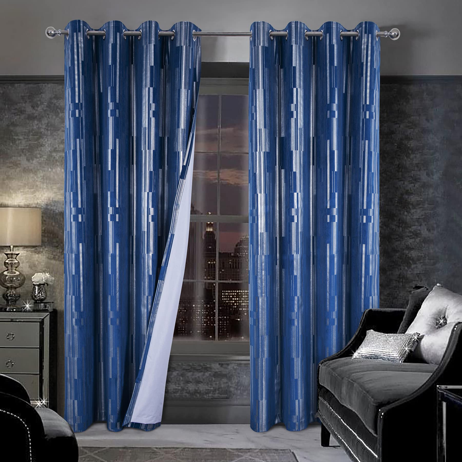 always4u 100% Blackout Curtains Eyelet for Bedroom Soft Velvet Curtain Stripe Foil Printed Shining Luxury Window Drapes for Living Room 1 Pair Navy Blue 66 * 90