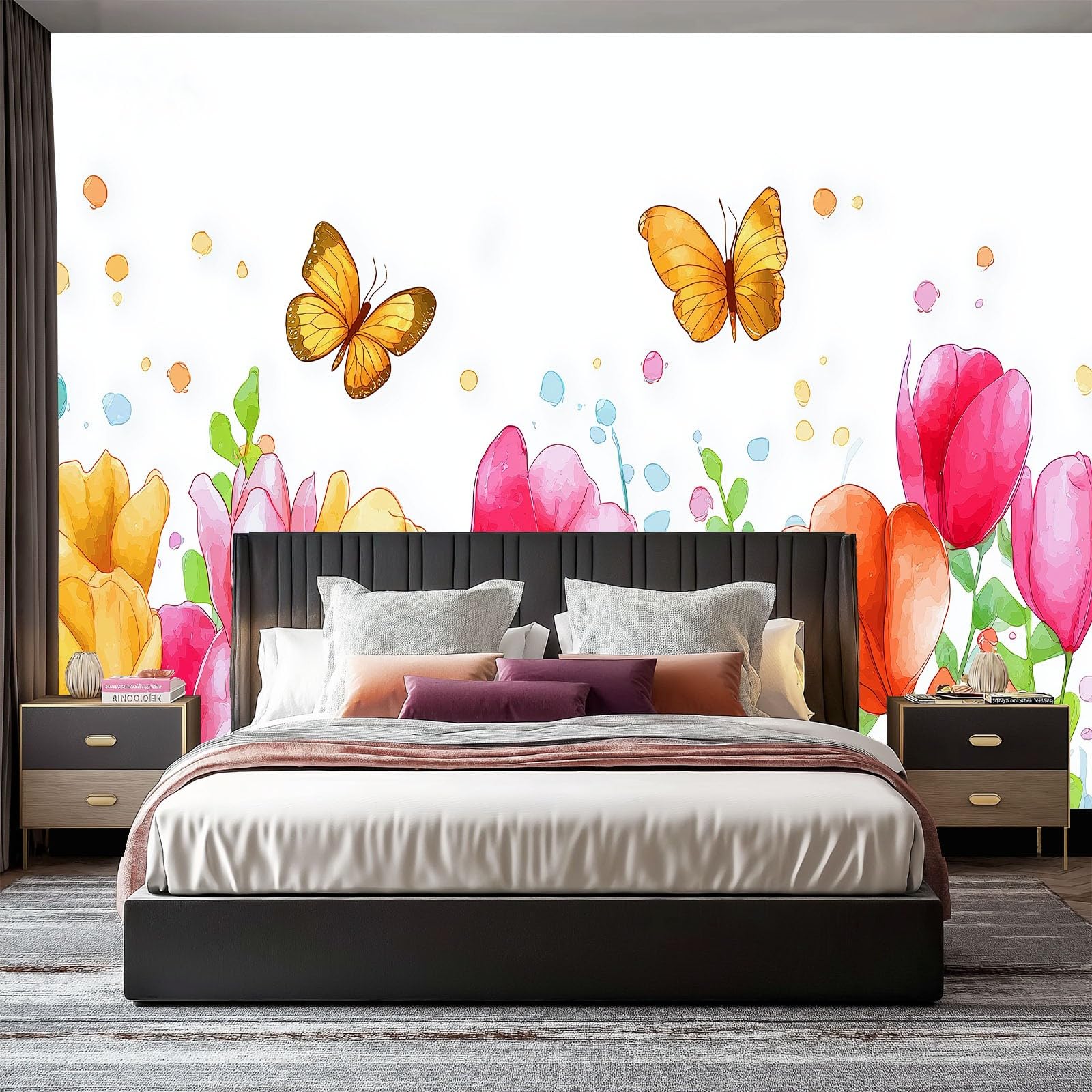 Panoramiczna tapeta akwarelowe kwiaty, wielokolorowe fototapety z włókniny motyle tulipany 350 x 256 cm dekoracja ścienna plakat obrazy ścienne - obraz 3D gobelin do salonu pokój dziecięcy