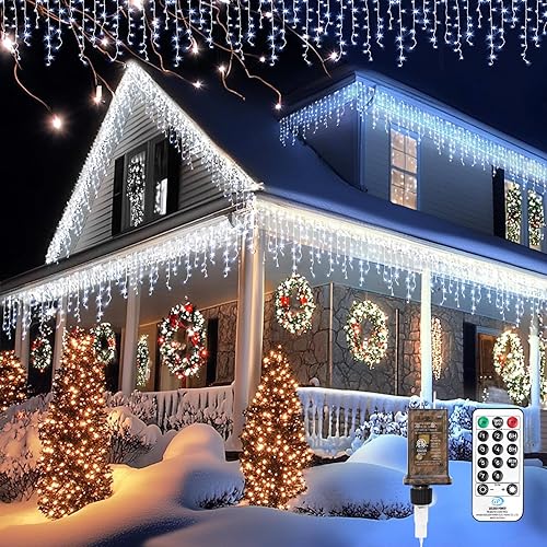 Luces LED de Navidad para exteriores, 624 LED de 59 pies, 8 modos con 96 gotas, luces de carámbano blanco frío, guirnalda de luces de hadas para